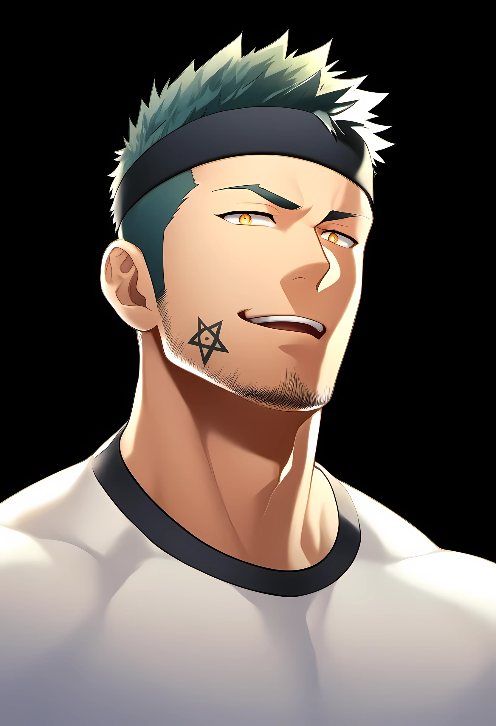 anime characters：Guy, Priapus, 1 young muscular man, male focus, Six pointed star tattoo on face, Sporty black headband, White spandex tight T-shirt, Milky white mucus at the corners of the mouth, muscular male, muscular, only, Upper body, alone, short yellow hair, stubble, yellow eyes, black background, simple background, amazing quality, best aesthetics, Ridiculous, bright pupils, short hair, naughty face, torogao, open lips, best quality