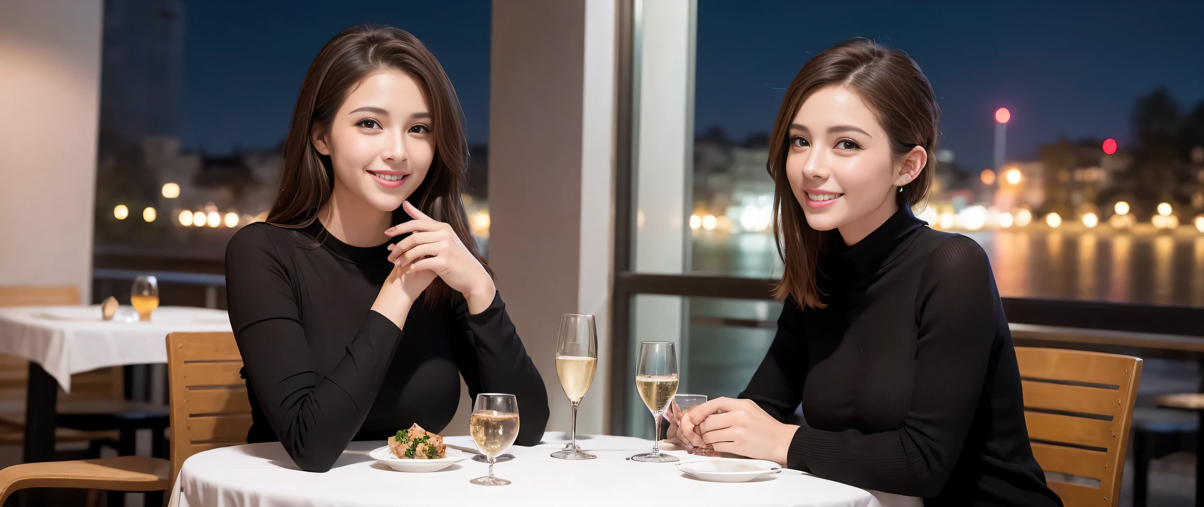 64k, Hmm, highest quality, masterpiece: 1.2), (realistic, photorealistic: 1.37), Super detailed, 3 slim beauties, (slim face),Happy、 the best smile、Fox face、Berry Short、(because I'thin), (brown hair), (shortcut), long sleeve shirt、winter fashion、Colombian、Brazilian、Japanese、Dutch、German、Portuguese、Belgian、Italian、French,Champagne、sparkling wine、 (squirt), (slim body), (brown hair), (shortcut), neat beauty、cheeks turn a little red, (35 years old), 38 years old, alone, A beautiful and detailed night view spreads out outside the window....., restaurant, wine glass is sitting, At night, in a prominent place (from the Upper body) nova frog style, actress, model, Upper body, White wine, slim, wine glass, Very beautiful night view, wine glass Put in the Middle, Happy smile, (smile: 1.15),
