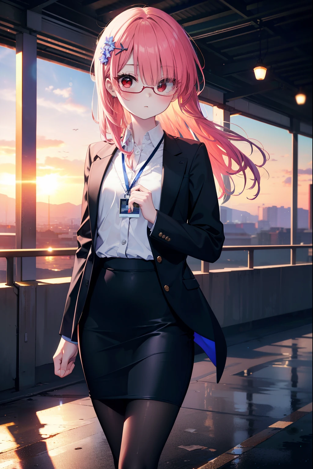 rezerorum, rum, hair flower, hair ornaments, hair above one eye, pink hair, (red eyes:1.5), long hair, x hair ornaments, bangs, blunt bangs, (flat chest:1.2),blush,embarrassing,Looking down from above,OL, red glasses, end, black suit jacket, collared jacket, white dress shirt, collared shirt, neckline, button, strap, ID card on neck, black pencil skirt, black pantyhose, stiletto heels,So that the whole body goes into the illustration,evening,sunset,sunset,
break outdoors, station　Entrance,
break looking at viewer, (cowboy shot:1.5),
break (masterpiece:1.2), highest quality, High resolution, unity 8k wallpaper, (figure:0.8), (detailed and beautiful eyes:1.6), highly detailed face, perfect lighting, Very detailed CG, (perfect hands, perfect anatomy),