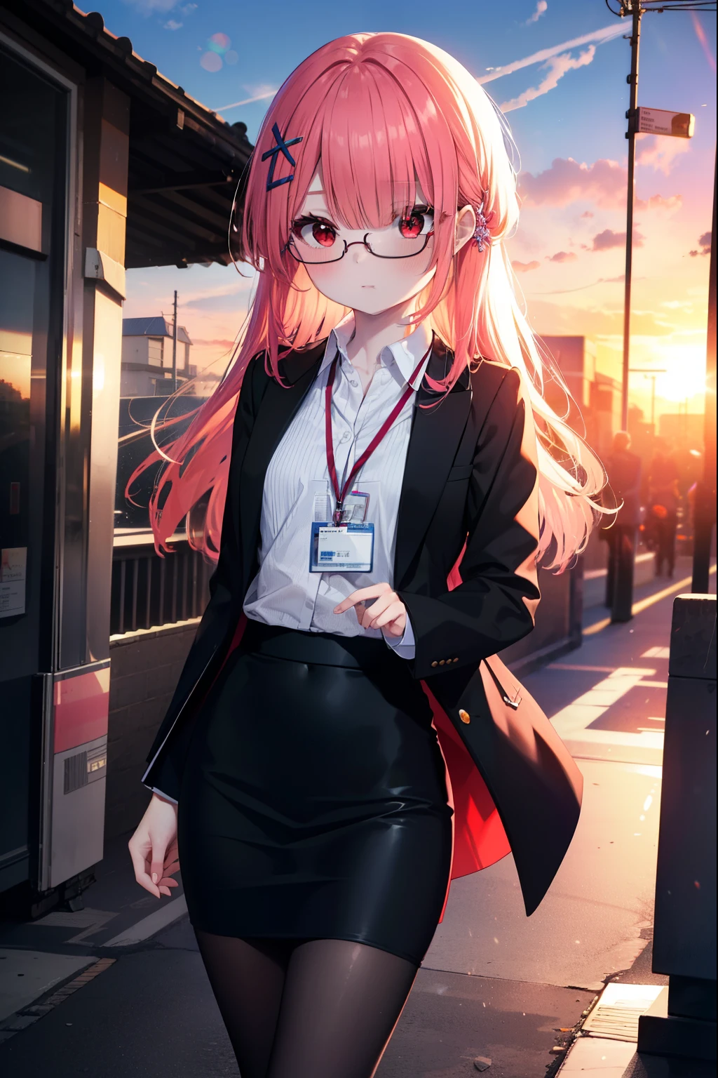 rezerorum, rum, hair flower, hair ornaments, hair above one eye, pink hair, (red eyes:1.5), long hair, x hair ornaments, bangs, blunt bangs, (flat chest:1.2),blush,embarrassing,Looking down from above,OL, red glasses, end, black suit jacket, collared jacket, white dress shirt, collared shirt, neckline, button, strap, ID card on neck, black pencil skirt, black pantyhose, stiletto heels,So that the whole body goes into the illustration,evening,sunset,sunset,
break outdoors, station　Entrance,
break looking at viewer, (cowboy shot:1.5),
break (masterpiece:1.2), highest quality, High resolution, unity 8k wallpaper, (figure:0.8), (detailed and beautiful eyes:1.6), highly detailed face, perfect lighting, Very detailed CG, (perfect hands, perfect anatomy),