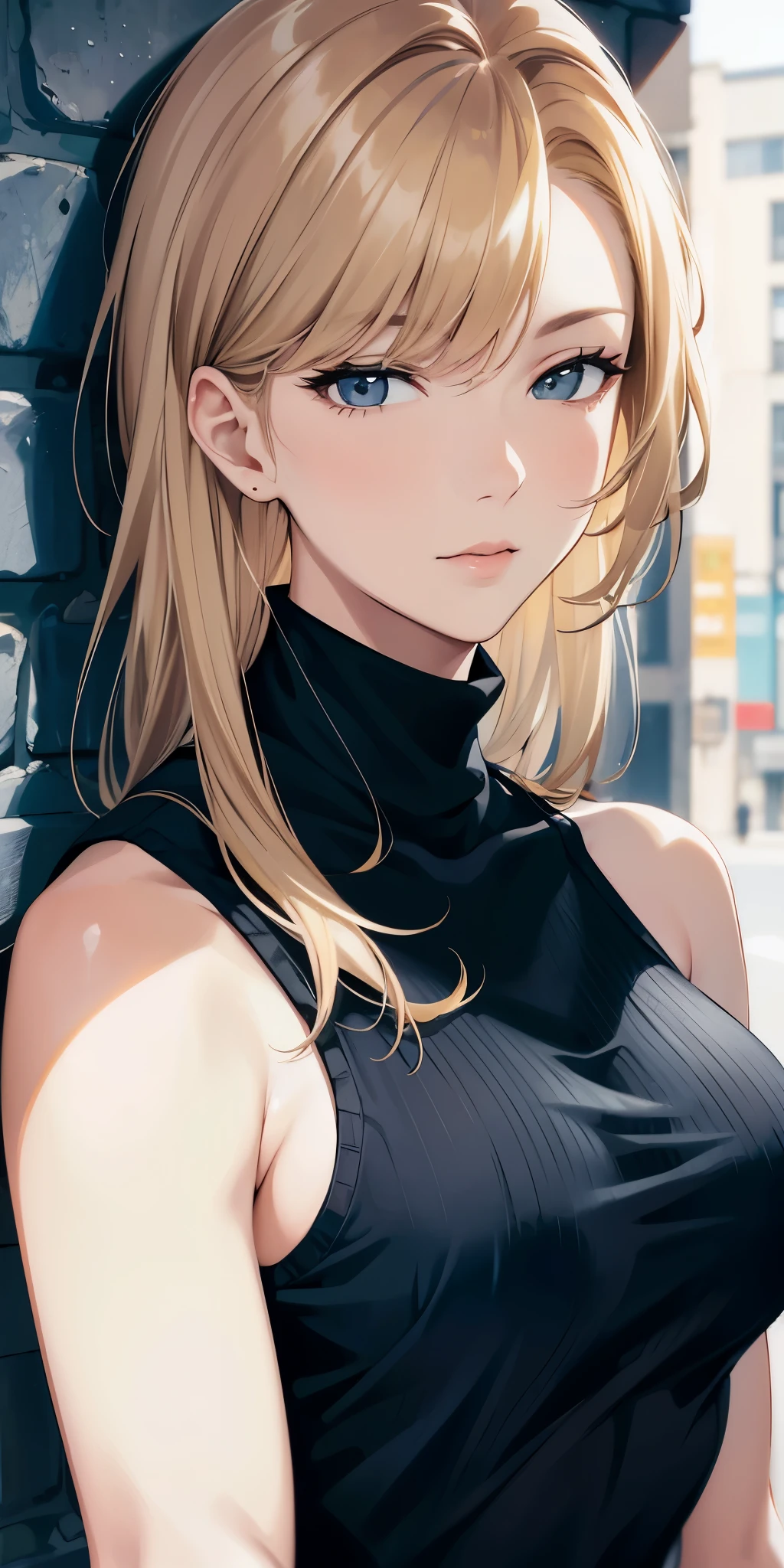 (best quality, highres), portrait, upper body, cool type adult woman, long hair, swept-side bangs, [[[brown hair]]], blonde hair, brown eyes, turtle neck tank top, big breast, plain wall, ultra detailed cg,
 