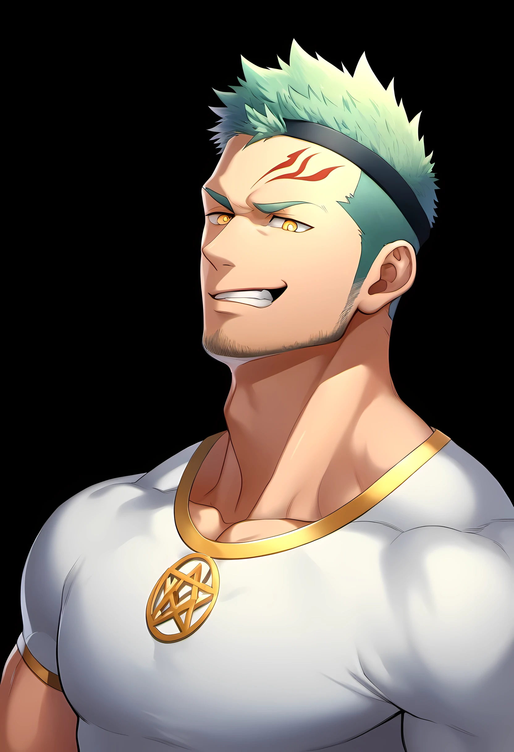 anime characters:Guy, Priapus, 1 young muscular man, male focus, Six pointed star tattoo on face, Sporty black headband, White spandex tight T-shirt, Milky white mucus at the corners of the mouth, muscular male, muscular, only, Upper body, alone, short yellow hair, stubble, yellow eyes, black background, simple background, amazing quality, best aesthetics, Ridiculous, bright pupils, short hair, naughty face, torogao, open lips, best quality