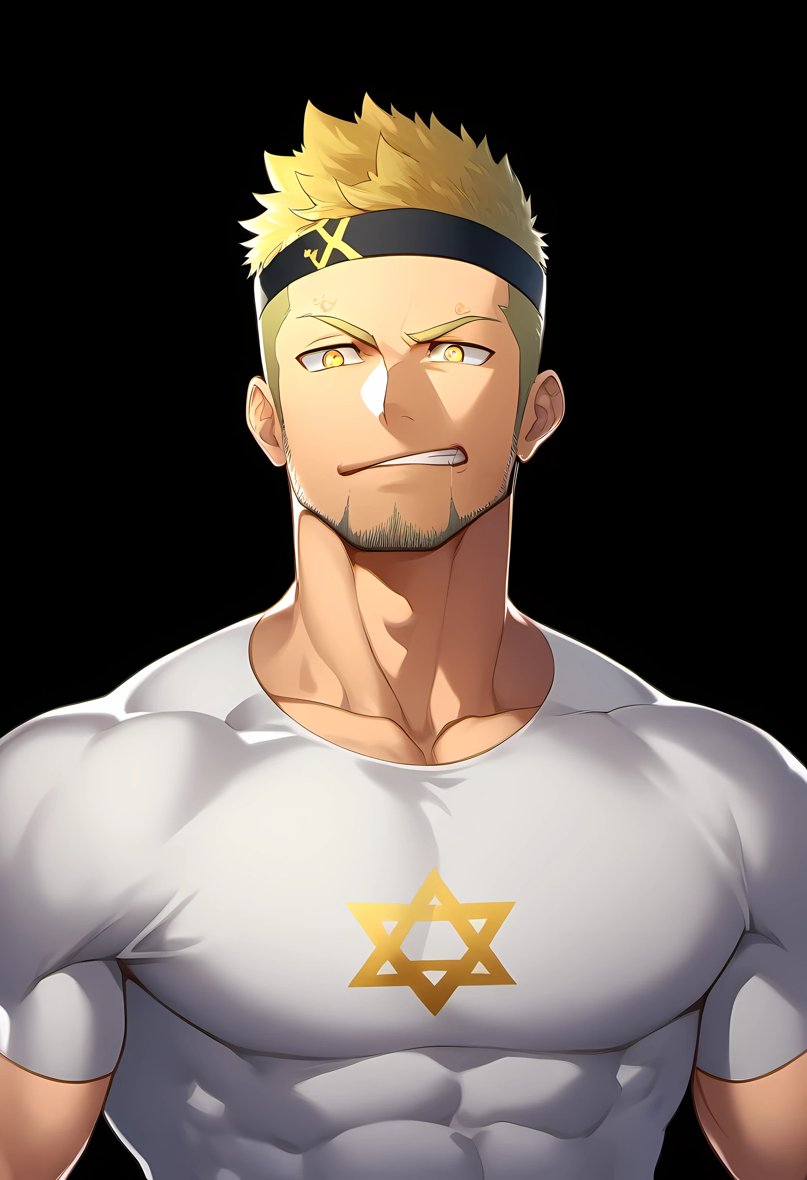 anime characters：Guy, Priapus, 1 young muscular man, male focus, Six pointed star tattoo on face, Sporty black headband, White spandex tight T-shirt, Milky white mucus at the corners of the mouth, muscular male, muscular, only, Upper body, alone, short yellow hair, stubble, yellow eyes, black background, simple background, amazing quality, best aesthetics, Ridiculous, bright pupils, short hair, naughty face, torogao, open lips, best quality