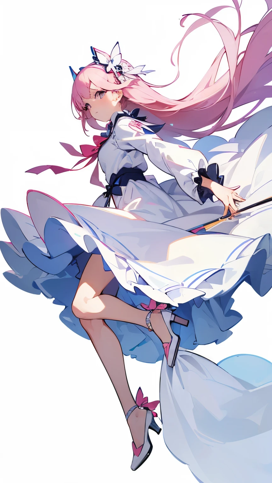 ((best quality)), ((masterpiece)), ((actual)), (Character whole body), (((best quality, high quality))), ((((ultra high definition, high resolution))), (concept art), 1 girl, Standing whole body, clear facial features，Clean line design，Transparent Background，(masterpiece，top quality，best quality, clear facial features，beautiful眼睛，beautiful脸), beautiful, (((Simple and detailed))) (((White background))) 6 heads and half body, pink, Marshmallow, High heel,full body portrait，cool moves，Dynamic，Fluttering skirt，ribbon，long hair