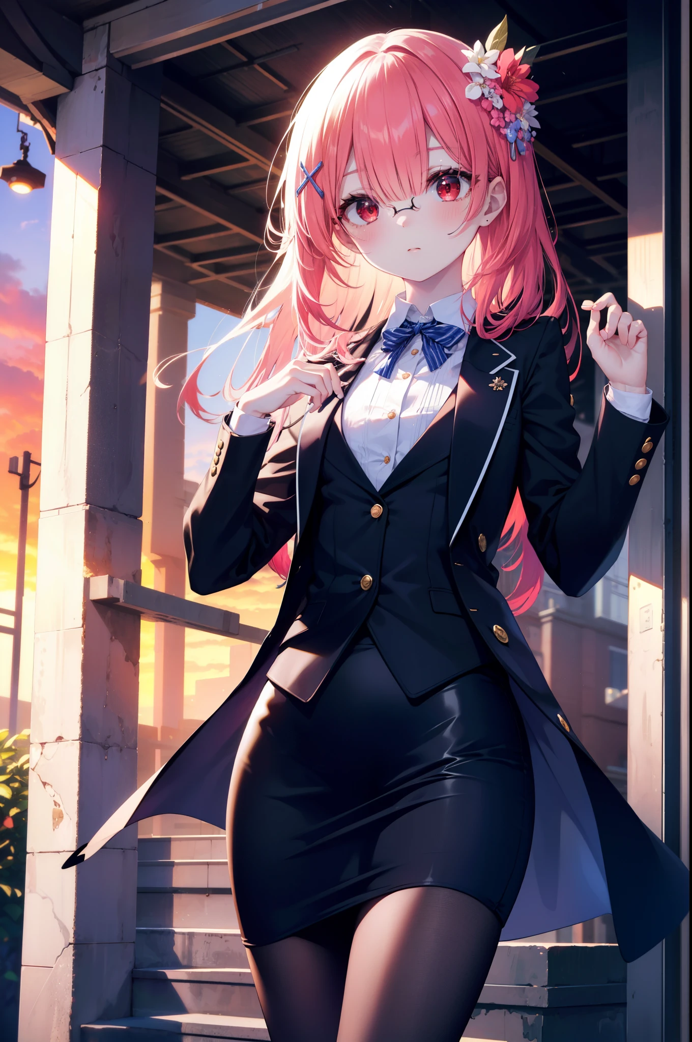 rezerorum, rum, hair flower, hair ornaments, hair above one eye, pink hair, (red eyes:1.5), long hair, x hair ornaments, bangs, blunt bangs, (flat chest:1.2),blush,embarrassing,Looking up from below,OL, red glasses, end, black suit jacket, collared jacket, white dress shirt, collared shirt, neckline, button, strap, ID card on neck, black pencil skirt, black pantyhose, stiletto heels,So that the whole body goes into the illustration,evening,sunset,sunset,
break outdoors, station Entrance,
break looking at viewer, (cowboy shot:1.5),
break (masterpiece:1.2), highest quality, High resolution, unity 8k wallpaper, (figure:0.8), (detailed and beautiful eyes:1.6), highly detailed face, perfect lighting, Very detailed CG, (perfect hands, perfect anatomy),