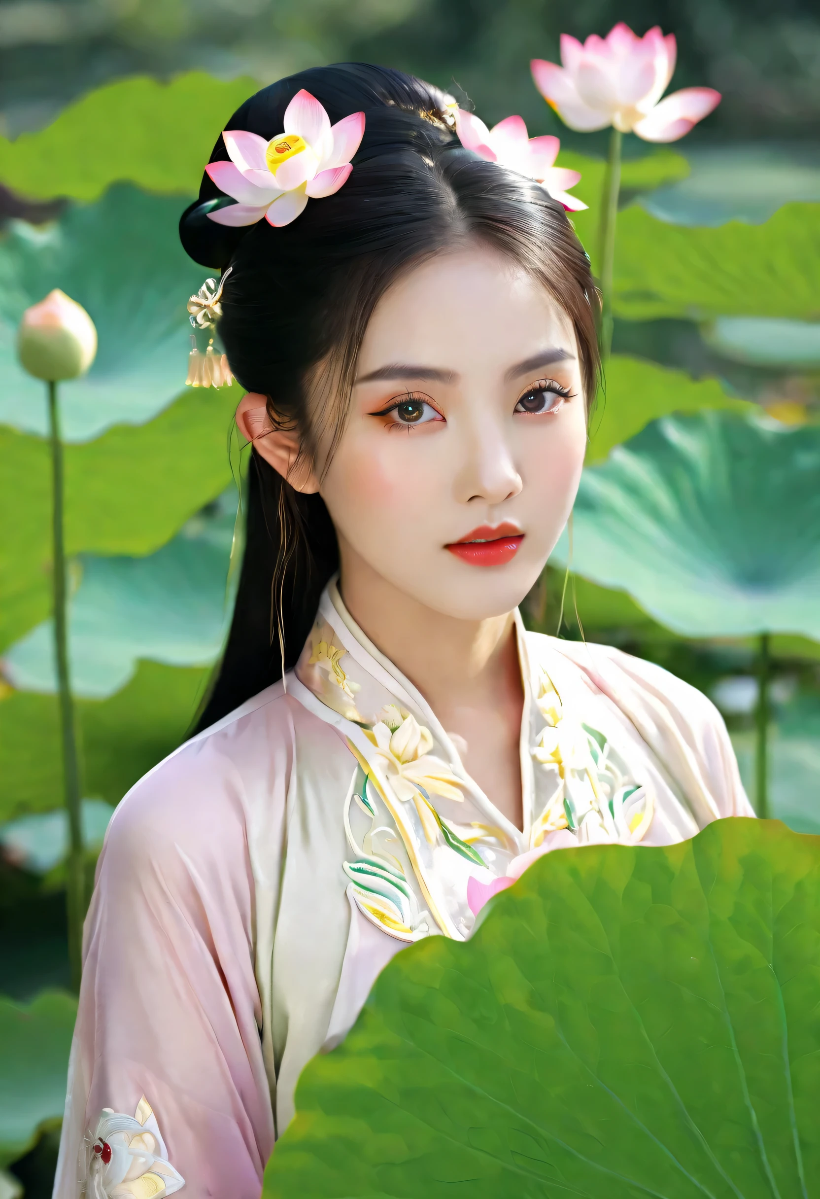 (best quality,4k,8k,highres,masterpiece:1.2),ultra-detailed,beautiful detailed eyes,beautiful detailed lips,extremely detailed eyes and face,long eyelashes,1 girl,Vietnamese,traditional dress,graceful pose,exotic atmosphere,lotus flowers,sunshine filtering through the leaves,serene garden setting,soft natural lighting,colorful backdrop,photorealistic,portrait,subtle color tones