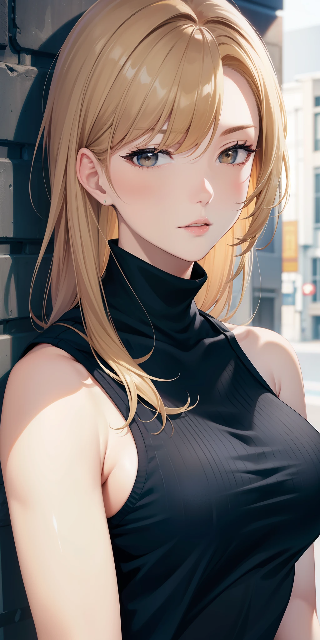 (best quality, highres), portrait, upper body, cool type adult woman, long hair, swept-side bangs, [[[brown hair]]], blonde hair, brown eyes, turtle neck tank top, big breast, plain wall, ultra detailed cg,
 