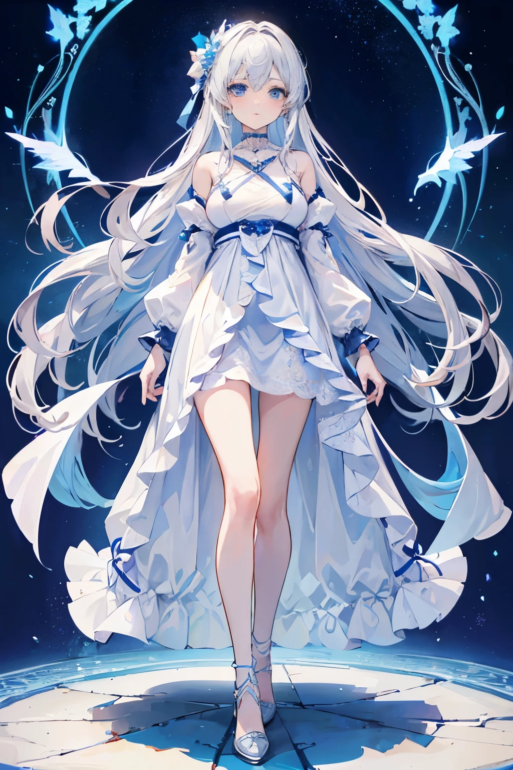 1 girl in、(Full body female love)、long gray hair、long hair、blue eyes、beautiful eyes、jewel eye、delicate face、Exquisite and delicate、White long skirt、puffy skirt、plump sleeves、frills、European style dress、White long skirt、(gentle gesture)、beautiful lights、blue open sky、light particles、The mottled light hits the girl、((((Whole BodyEsbian))))、standing pictures、((Masterpiece best quality:1.2))