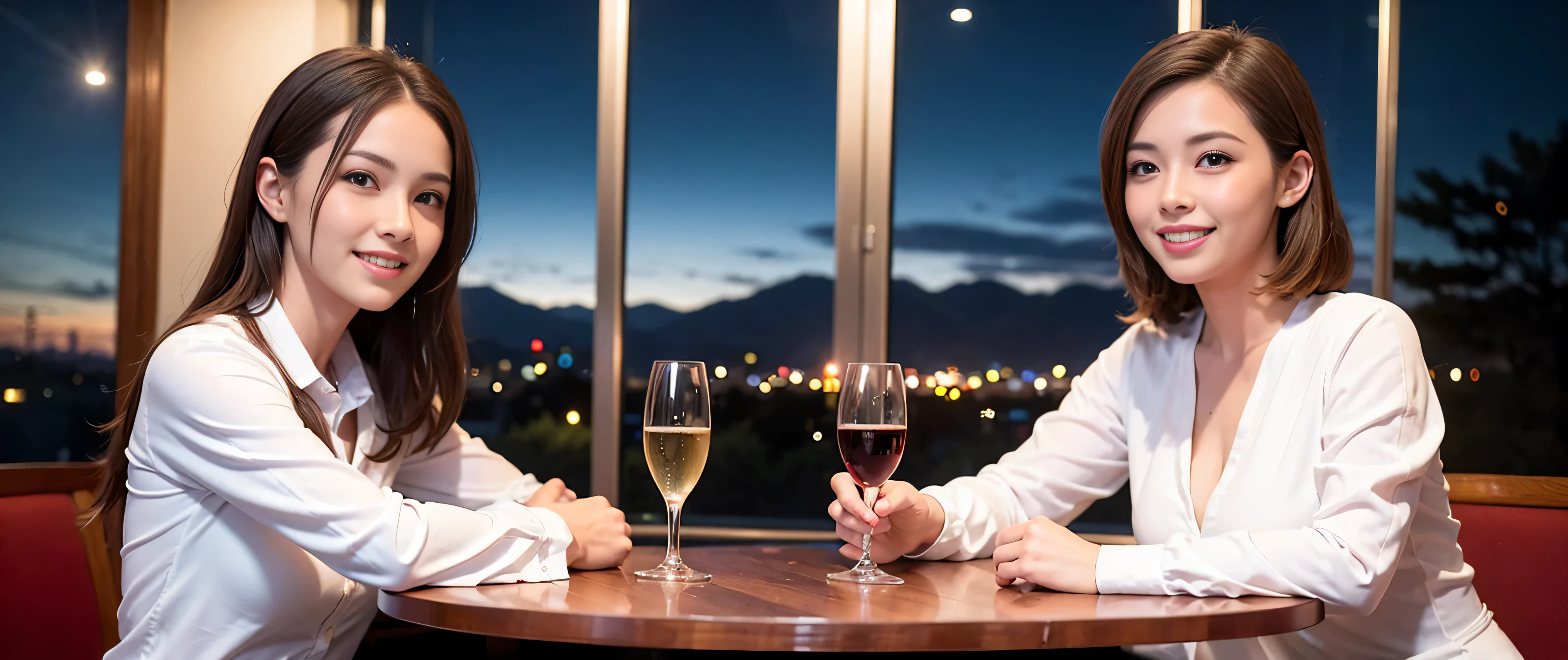 64k, Hmm, highest quality, masterpiece: 1.2), (realistic, photorealistic: 1.37),Spectacular view of the sunset sky and clouds、Amazing mountain views、3 slim beauties, (slim face),Happy、 the best smile、Fox face、Berry Short、(because I'thin), (brown hair), (shortcut), long sleeve shirt、winter fashion、Colombian、Brazilian、Japanese、Dutch、German、Portuguese、Belgian、Italian、French,Champagne、sparkling wine、 (squirt), (slim body), (brown hair), (shortcut), neat beauty、cheeks turn a little red, (35 years old), 38 years old, alone, A beautiful and detailed night view spreads out outside the window....., restaurant, wine glass is sitting, At night, in a prominent place (from the Upper body) nova frog style, actress, model, Upper body, White wine, slim, wine glass, Very beautiful night view, wine glass Put in the Middle, Happy smile, (smile: 1.15),