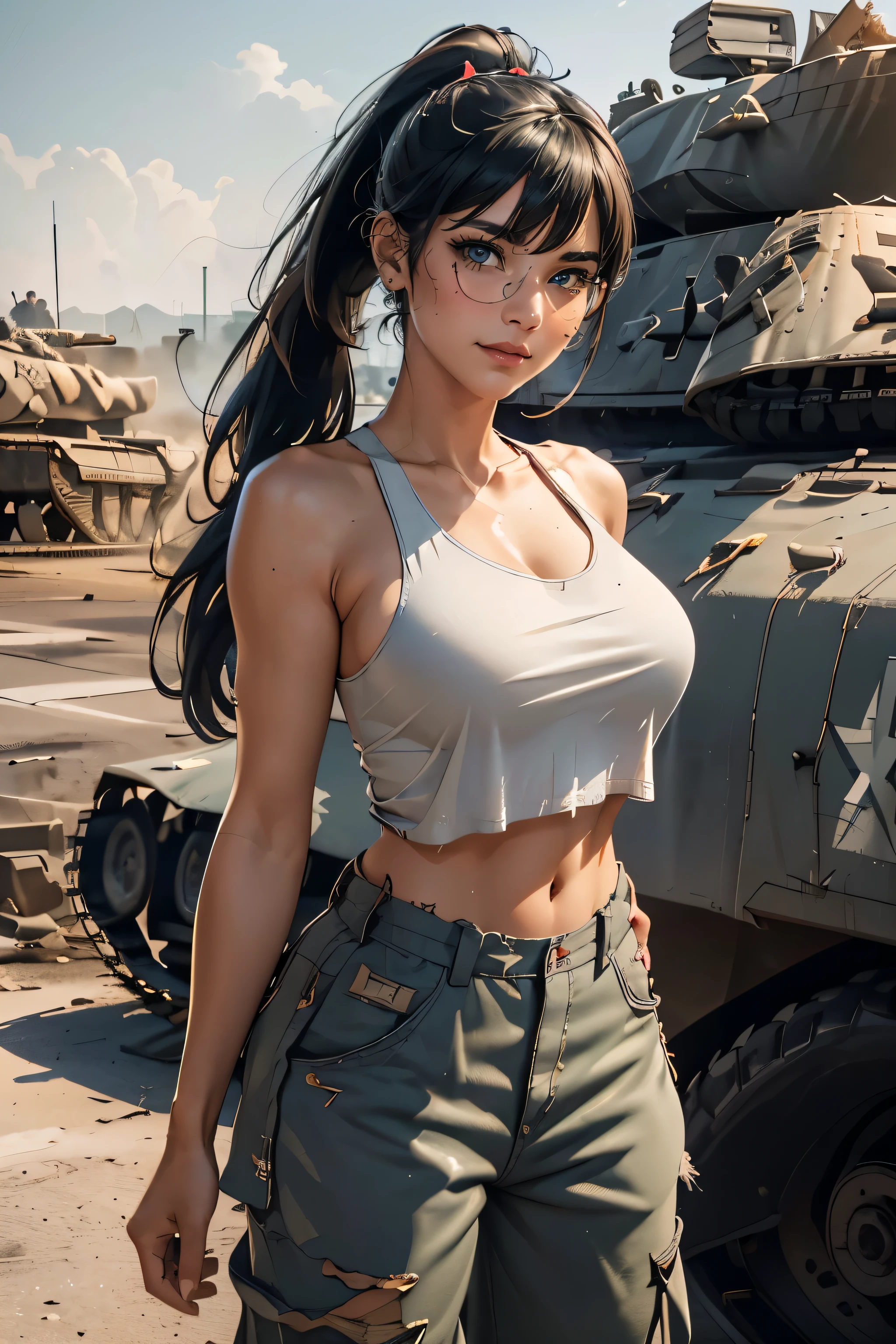 ((wide angle)), beautiful female veteran, black hair in a ponytail, smooth, wearing large glasses, Beaming, cover up wounds, Injuries, (((wearing a white military vest, Pair it with an oversized ww2 military shirt., Wear oversized ww2 military pants., off shoulder, suffering, dilapidated))), on the ww2 battlefield