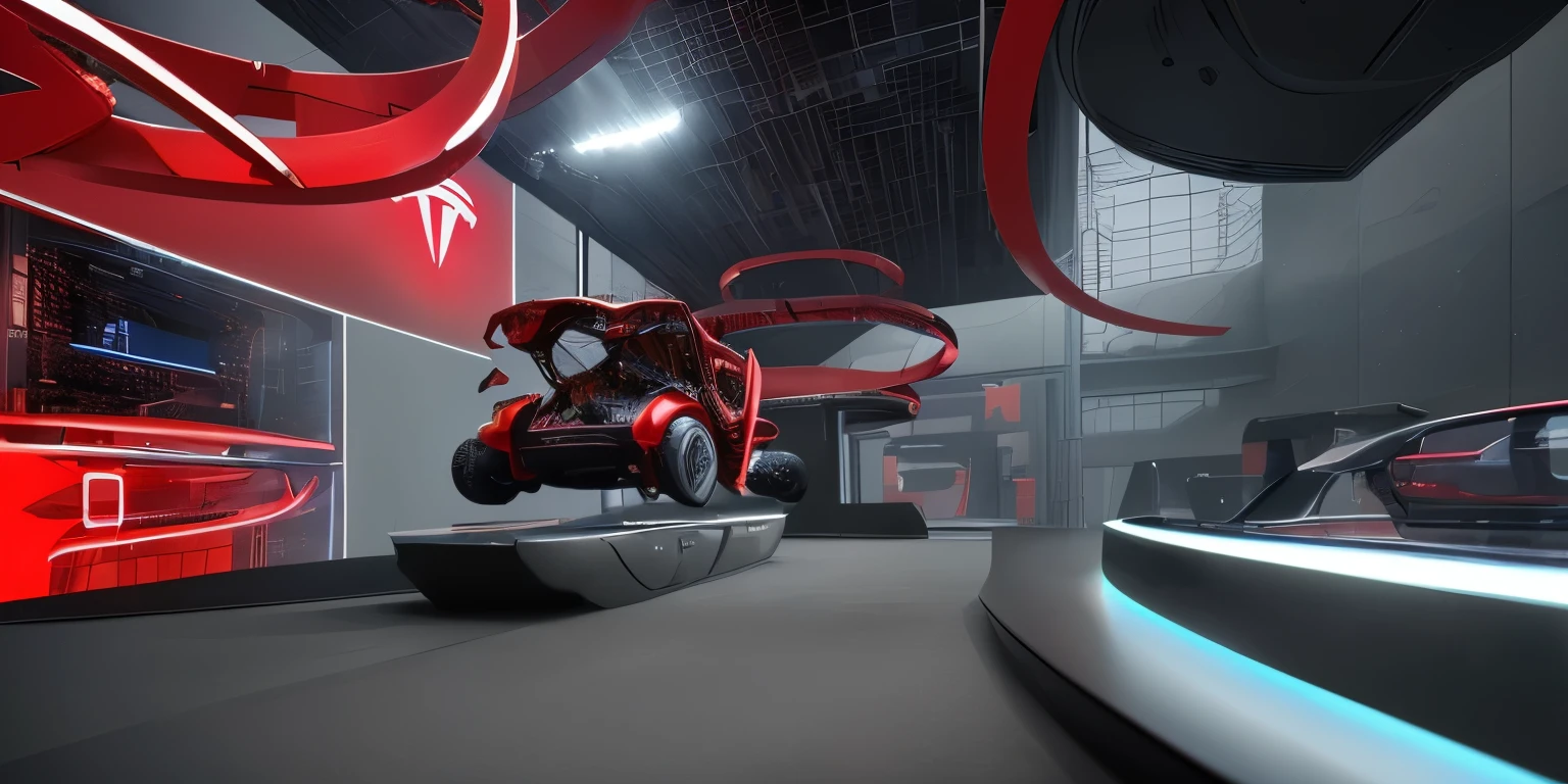 Tesla car showroom,Automobile assembly technology display,The structure of a red Tesla new energy vehicle explodes on display,Behind the glass on the right is a display of car parts,玻璃上有透明的high tech互动界面,HUD,holographic,reflection,顶部镜面reflection,Technology Exhibition Hall,high tech,Immersive,sense of the future,cyberpunk,High precision,masterpiece,detail,Mechanical structure