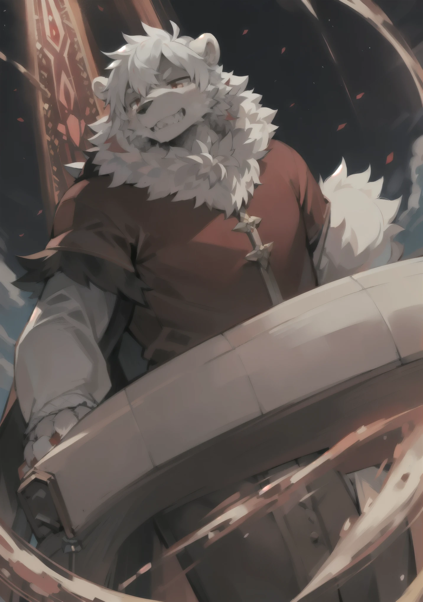 (Sky环境:0.8),masterpiece, high quality, glow, number \(artwork\), by dagashi, Yes,Colorful,(flower charcoal o,fluffy fur,Character focus:1.1),individual,short hair,portrait, Bright Eyes,panoramic,Character focus.(Detailed background:0.7),alone,hairy,hairy male ,male focus,off white,(Full body fur, hairy尾巴, white fur,red eyes,white hair:1.2),(long canine teeth,grizzly bear, cape:1.2),(Internal,daytime, Sky, flight:1.1)