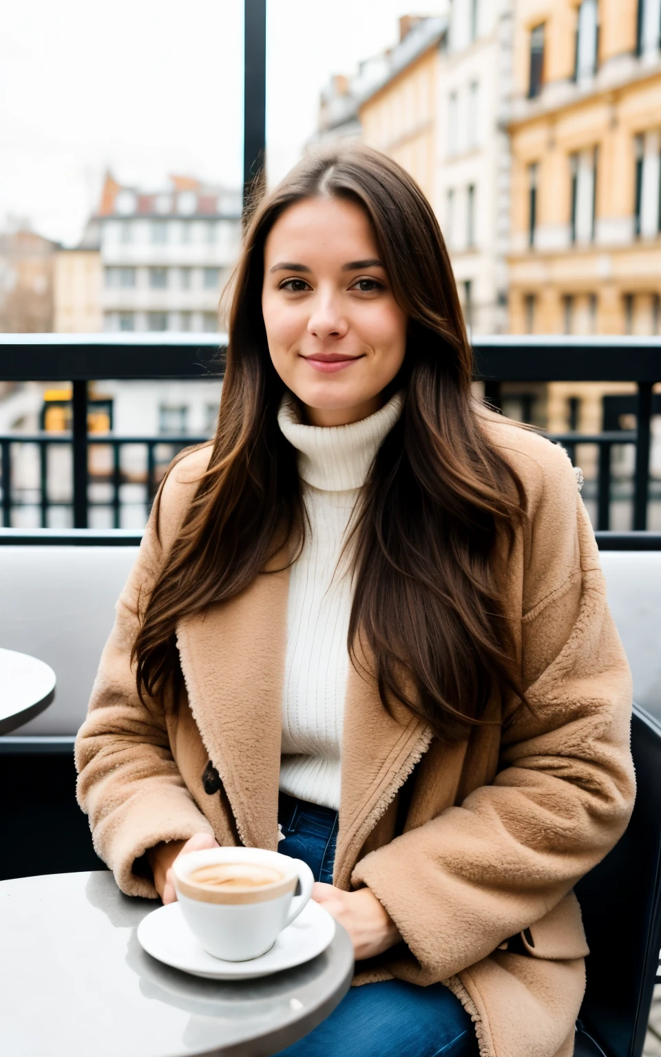 A brunette woman around 27 years old with fairly long hair sitting at a cafe on a terrace.She is wearing a warm coat because it's cold.