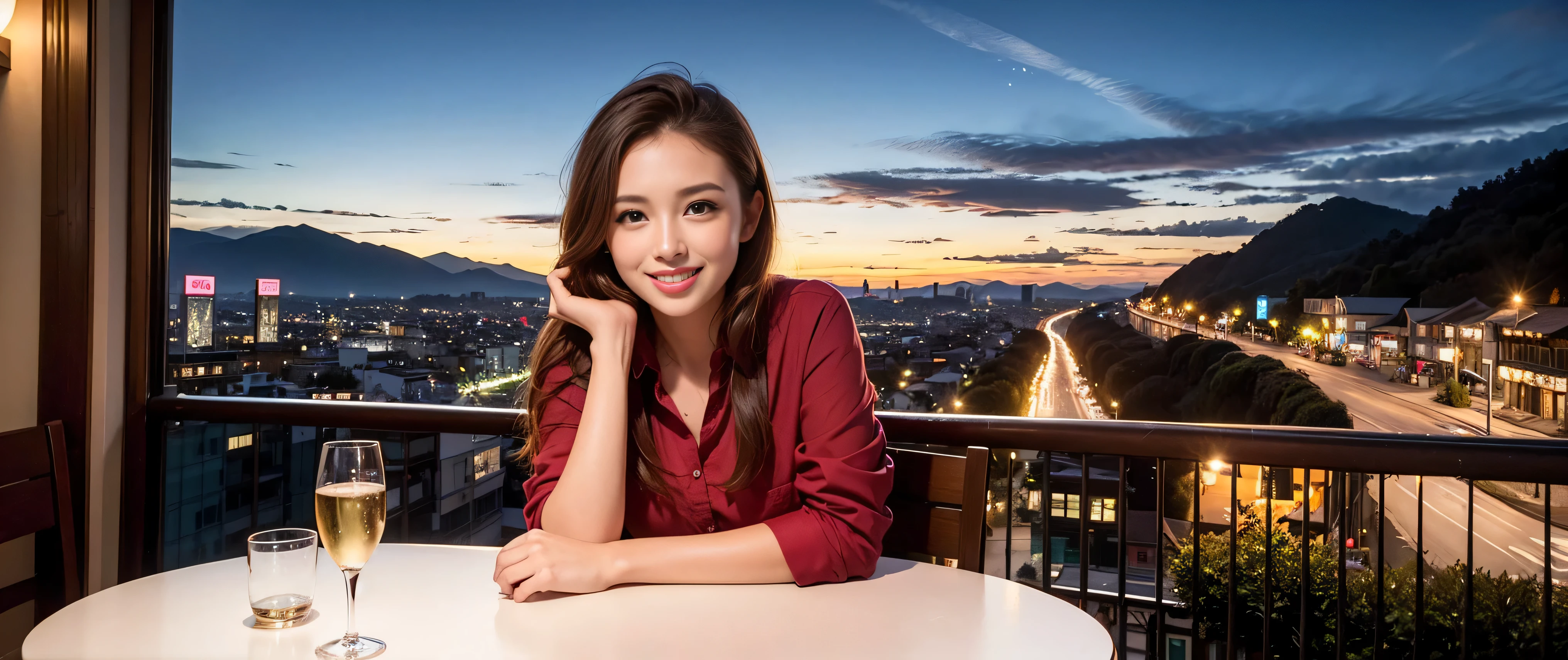 64k, Hmm, highest quality, masterpiece: 1.2), (realistic, photorealistic: 1.37), Spectacular view of the sunset sky and clouds、Amazing mountain views、3 slim beauties, (slim face),Happy、 the best smile、Fox face、Berry Short、(because I'thin), (brown hair), (shortcut), long sleeve shirt、winter fashion、Colombian、Brazilian、Japanese、Dutch、German、Portuguese、Belgian、Italian、French,Champagne、sparkling wine、 (squirt), (slim body), (brown hair), (shortcut), neat beauty、cheeks turn a little red, (35 years old), 38 years old, alone, A beautiful and detailed night view spreads out outside the window....., restaurant, wine glass is sitting, At night, in a prominent place (from the Upper body) nova frog style, actress, model, Upper body, White wine, slim, wine glass, Very beautiful night view, wine glass Put in the Middle, Happy smile, (smile: 1.15),