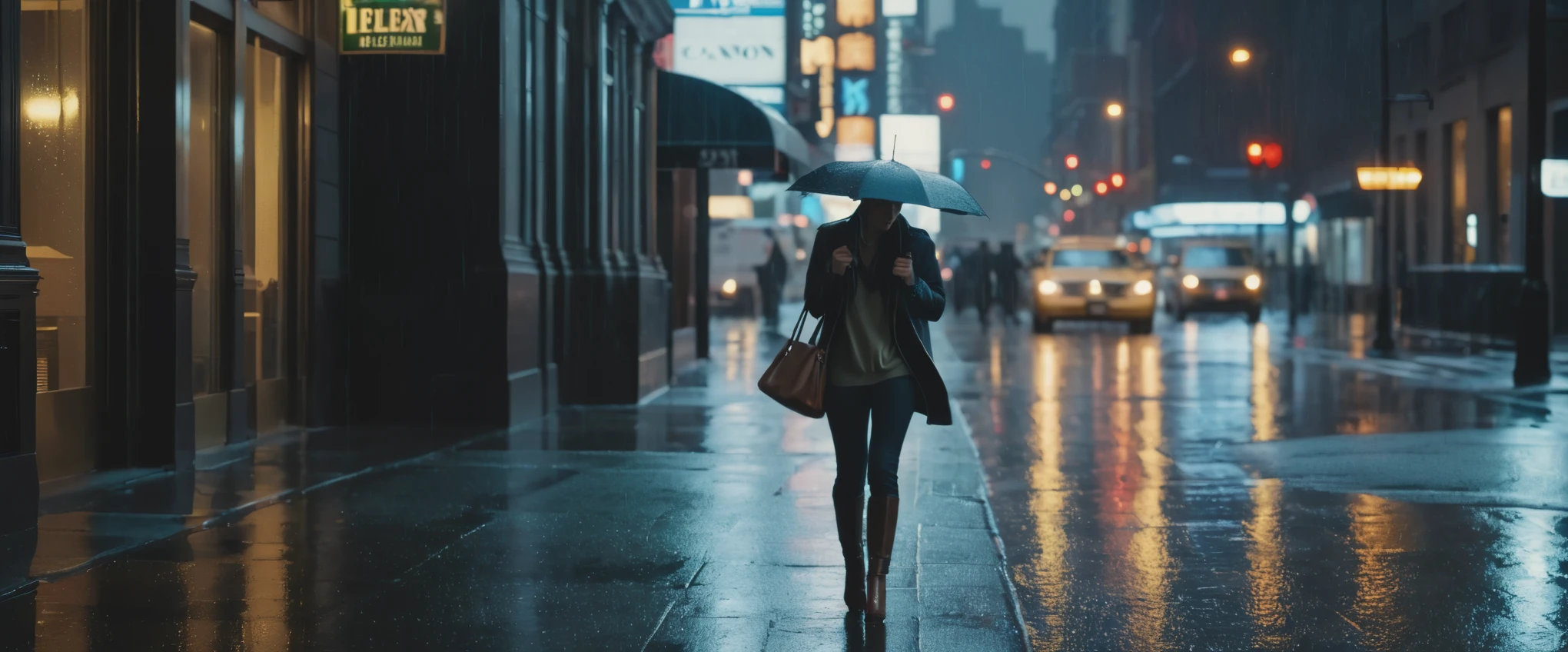 A woman walking in the streets of New York under a light rain, captured in a 16:9 aspect ratio by a Canon EOS camera. The photo has a cool-toned color grading to enhance the urban atmosphere. The woman's stylish outfit and confident stride reflect the city's vibrant energy. The rainy weather adds a touch of mystery and intrigue to the scene, with raindrops glistening on the pavement. The architectural elements of the city can be seen in the background, creating a sense of depth and perspective. The photo is of the best quality, with ultra-detailed and realistic details. The lighting captures the soft glow of the city lights amidst the raindrops, adding a cinematic feel to the image.