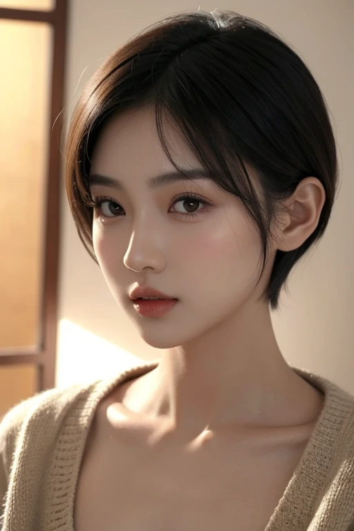 a pretty asian girl,short hair,round face,Perfect and exquisite facial features,Half body shot from waist up,front Photo,Light-sensitive,Top special effects,8k