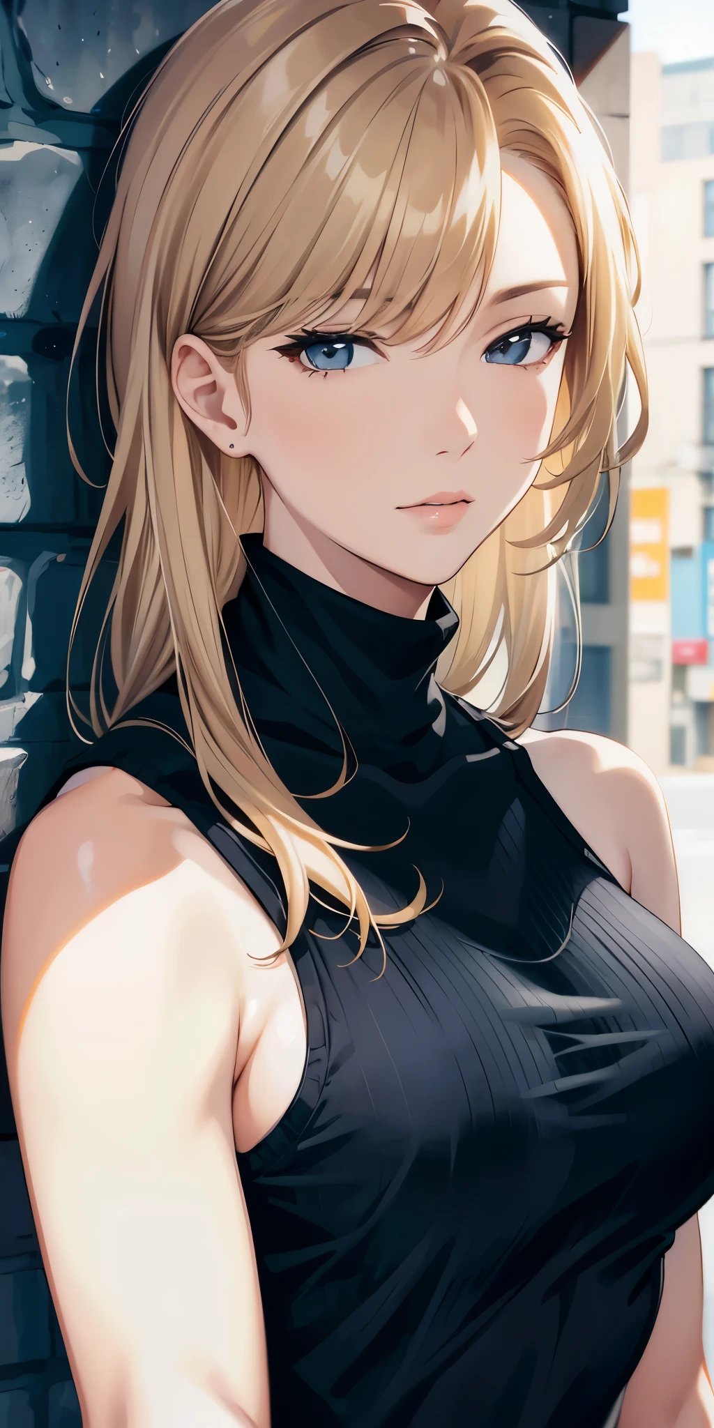 (best quality, highres), portrait, upper body, cool type adult woman, long hair, swept-side bangs, [[[brown hair]]], blonde hair, brown eyes, turtle neck tank top, big breast, plain wall, ultra detailed cg,
 