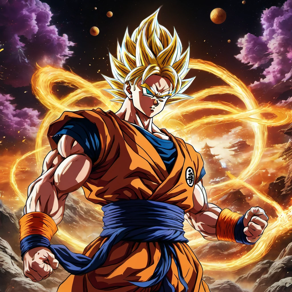 Dragonball, aesthetic, extremely detailed, best quality, 4k, vibrant colors, dynamic poses, intense action, nostalgic, epic battles, martial arts, energy blasts, iconic characters, super saiyan transformations, powerful aura, mythical creatures, cosmic landscapes, dramatic lighting, anime style, immersive world-building, power levels, high-flying acrobatics.