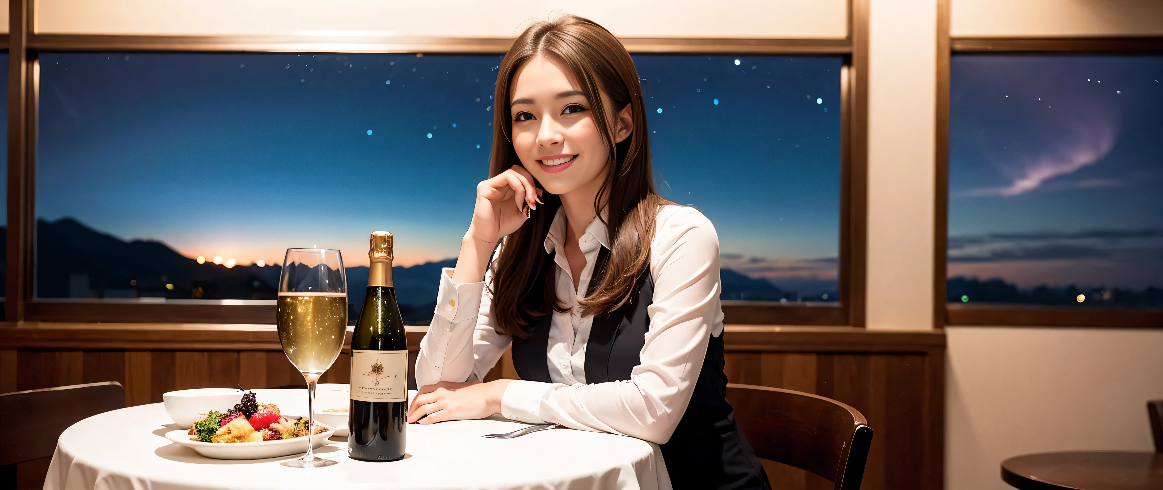 64k, Hmm, highest quality, masterpiece: 1.2), (realistic, photorealistic: 1.37), Spectacular view of the sunset sky and clouds、Amazing mountain views、3 slim beauties, (slim face),Happy、 the best smile、Fox face、Berry Short、(because I'thin), (brown hair), (shortcut), long sleeve shirt、winter fashion、Colombian、Brazilian、Japanese、Dutch、German、Portuguese、Belgian、Italian、French,Champagne、sparkling wine、 (squirt), (slim body), (brown hair), (shortcut), neat beauty、cheeks turn a little red, (35 years old), 38 years old, alone, A beautiful and detailed night view spreads out outside the window....., restaurant, wine glass is sitting, At night, in a prominent place (from the Upper body) nova frog style, actress, model, Upper body, White wine, slim, wine glass, Very beautiful night view, wine glass Put in the Middle, Happy smile, (smile: 1.15),