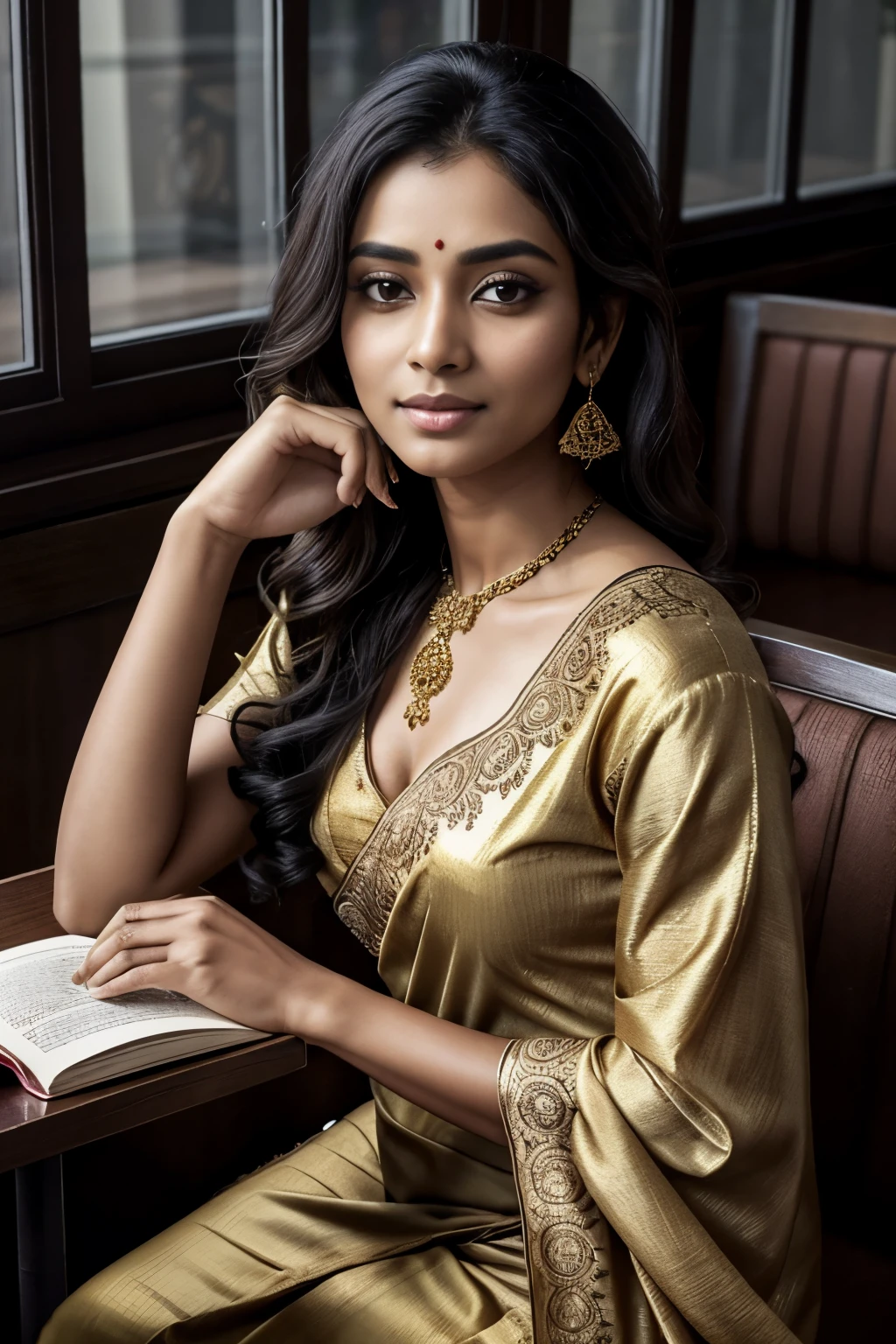 A Bangladeshi beauty sits by the window, her stunning saree adorned with intricate gold embroidery on the sleeves and neckline, completing her elegant look. The puff sleeves of her matching blouse gently frame her long, wavy black hair. A steaming cup of coffee rests in her hands, and her thoughtful expression adds an air of mystery.
Her eyes are fixed on a book lying open before her on the table, and the gesture speaks volumes about her passion for literature. The peaceful setting of the coffee shop seems to provide the perfect backdrop for her moment of solitude, a brief respite from her studies.
This stunning portrait should capture the essence of her