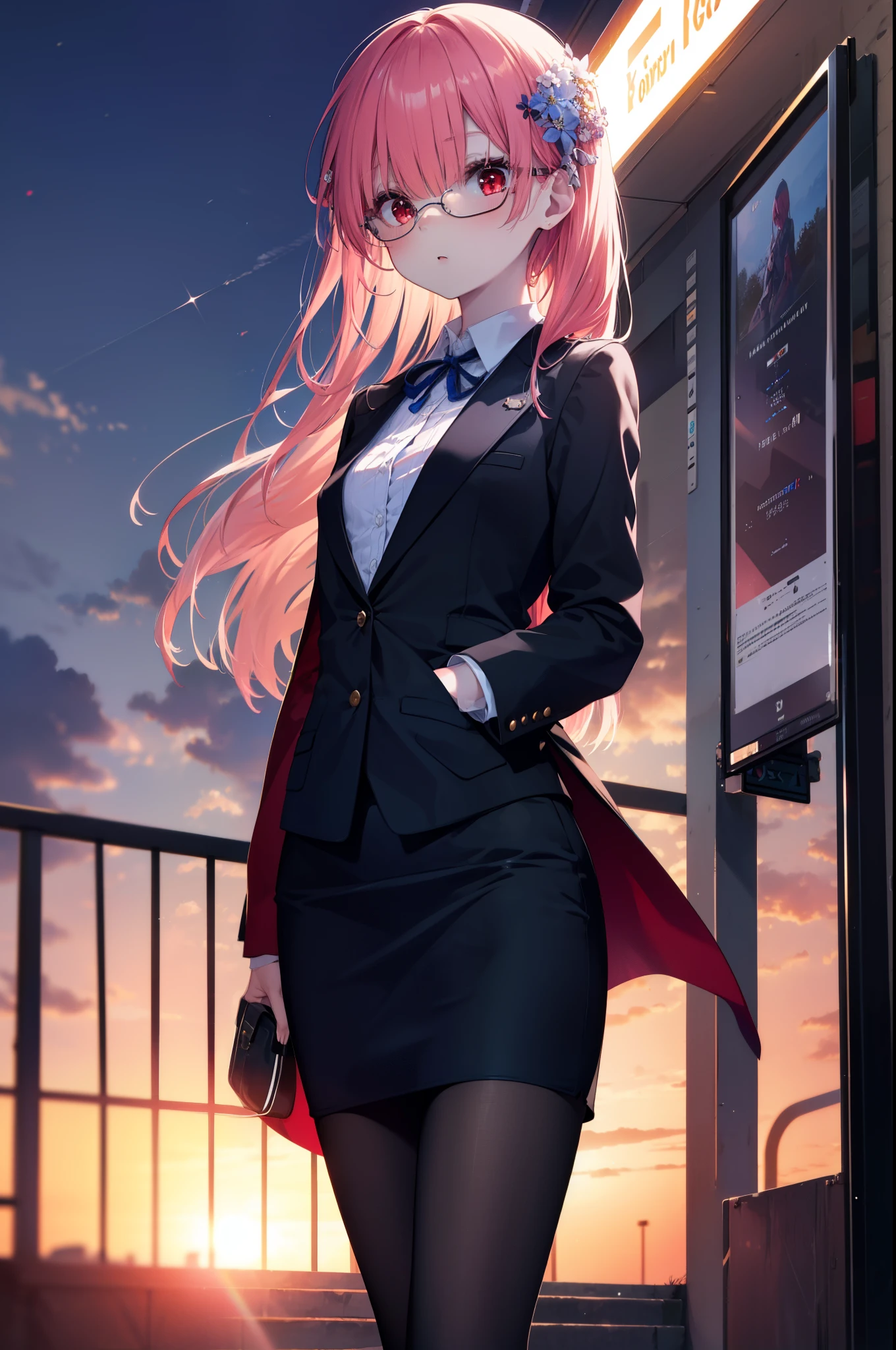 rezerorum, rum, hair flower, hair ornaments, hair above one eye, pink hair, (red eyes:1.5), long hair, x hair ornaments, bangs, blunt bangs, (flat chest:1.2),blush,open your mouth,looking down from above,OL, red glasses, end, black suit jacket, collared jacket, white dress shirt, collared shirt, neckline, button, strap, ID card on neck, black pencil skirt, black pantyhose, stiletto heels,So that the whole body goes into the illustration,evening,sunset,sunset,
break outdoors, station Entrance,
break looking at viewer, (cowboy shot:1.5),
break (masterpiece:1.2), highest quality, High resolution, unity 8k wallpaper, (figure:0.8), (detailed and beautiful eyes:1.6), highly detailed face, perfect lighting, Very detailed CG, (perfect hands, perfect anatomy),