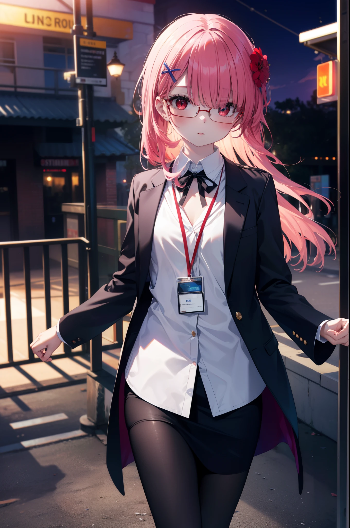 rezerorum, rum, hair flower, hair ornaments, hair above one eye, pink hair, (red eyes:1.5), long hair, x hair ornaments, bangs, blunt bangs, (flat chest:1.2),blush,open your mouth,looking down from above,OL, red glasses, end, black suit jacket, collared jacket, white dress shirt, collared shirt, neckline, button, strap, ID card on neck, black pencil skirt, black pantyhose, stiletto heels,So that the whole body goes into the illustration,evening,sunset,sunset,
break outdoors, station　Entrance,
break looking at viewer, (cowboy shot:1.5),
break (masterpiece:1.2), highest quality, High resolution, unity 8k wallpaper, (figure:0.8), (detailed and beautiful eyes:1.6), highly detailed face, perfect lighting, Very detailed CG, (perfect hands, perfect anatomy),