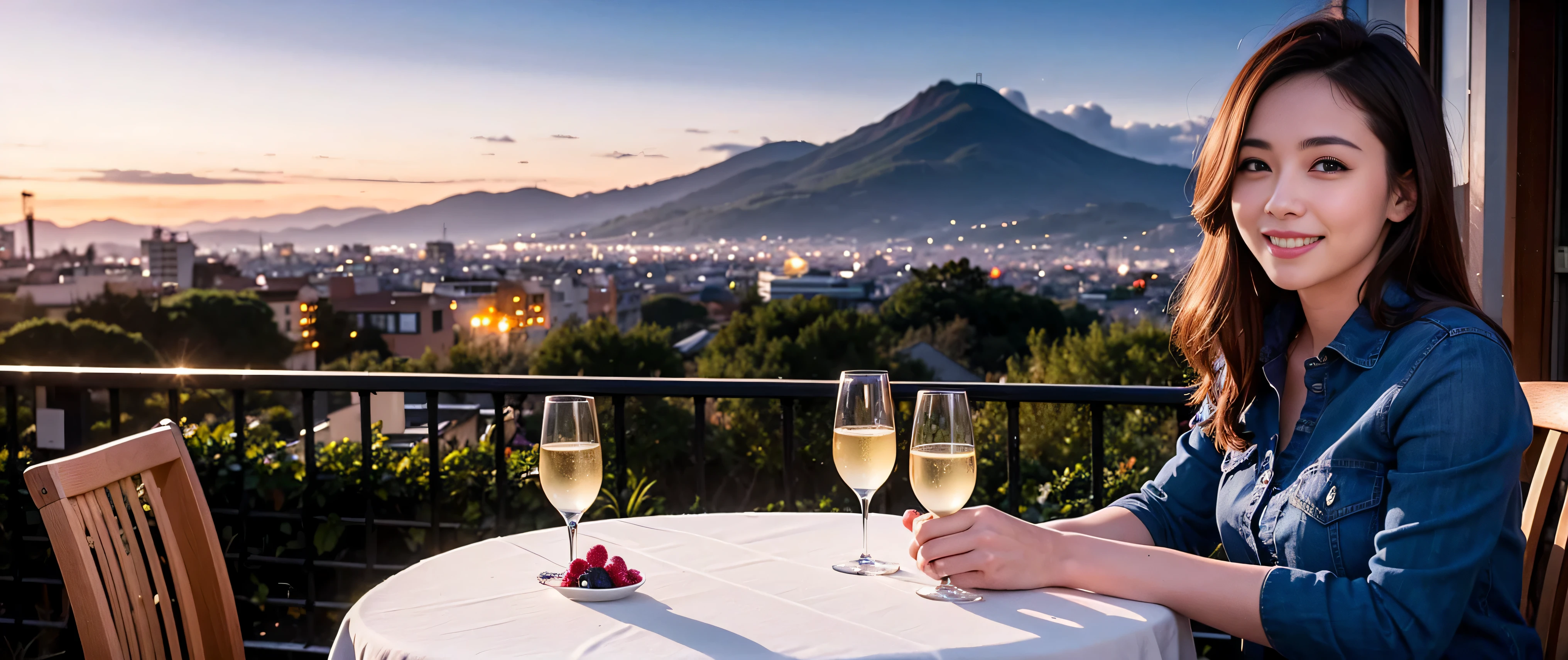 64k, Hmm, highest quality, masterpiece: 1.2), (realistic, photorealistic: 1.37), Spectacular view of the sunset sky and clouds、Amazing mountain views、3 slim beauties, (slim face),Happy、 the best smile、Fox face、Berry Short、(because I'thin), (brown hair), (shortcut), long sleeve shirt、winter fashion、Colombian、Brazilian、Japanese、Dutch、German、Portuguese、Belgian、Italian、French,Champagne、sparkling wine、 (squirt), (slim body), (brown hair), (shortcut), neat beauty、cheeks turn a little red, (35 years old), 38 years old, alone, A beautiful and detailed night view spreads out outside the window....., restaurant, wine glass is sitting, At night, in a prominent place (from the Upper body) nova frog style, actress, model, Upper body, White wine, slim, wine glass, Very beautiful night view, wine glass Put in the Middle, Happy smile, (smile: 1.15),