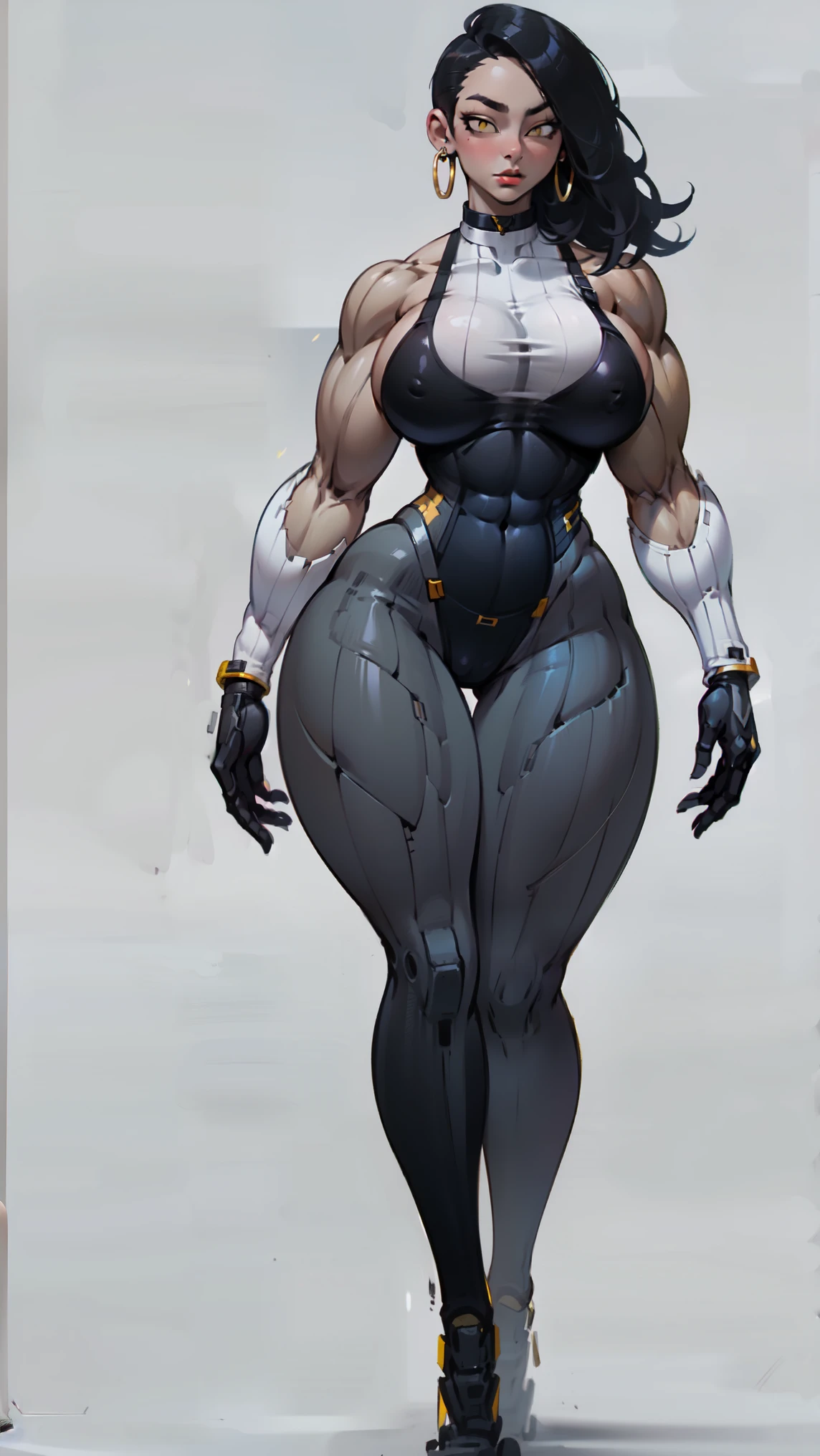 full body full body solo standing skintight (((muscular girl toned body large breasts))) yellow eyes black hair pale skin ((huge tit)) ((thicc))