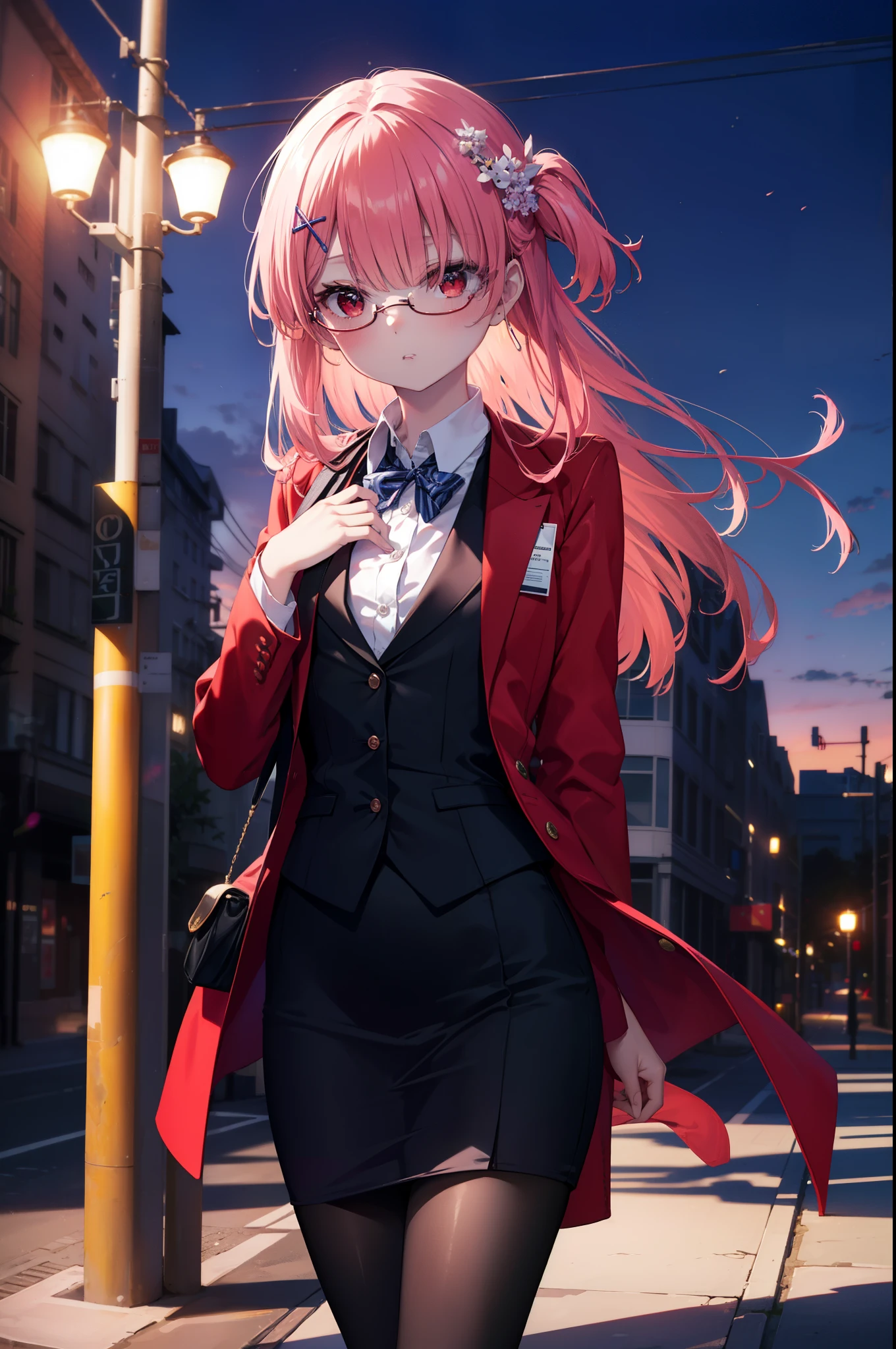 rezerorum, rum, hair flower, hair ornaments, hair above one eye, pink hair, (red eyes:1.5), long hair, x hair ornaments, bangs, blunt bangs, (flat chest:1.2),blush,open your mouth,looking down from above,OL, red glasses, end, black suit jacket, collared jacket, white dress shirt, collared shirt, neckline, button, strap, ID card on neck, black pencil skirt, black pantyhose, stiletto heels,So that the whole body goes into the illustration,evening,sunset,sunset,
break outdoors, station Entrance,
break looking at viewer, (cowboy shot:1.5),
break (masterpiece:1.2), highest quality, High resolution, unity 8k wallpaper, (figure:0.8), (detailed and beautiful eyes:1.6), highly detailed face, perfect lighting, Very detailed CG, (perfect hands, perfect anatomy),