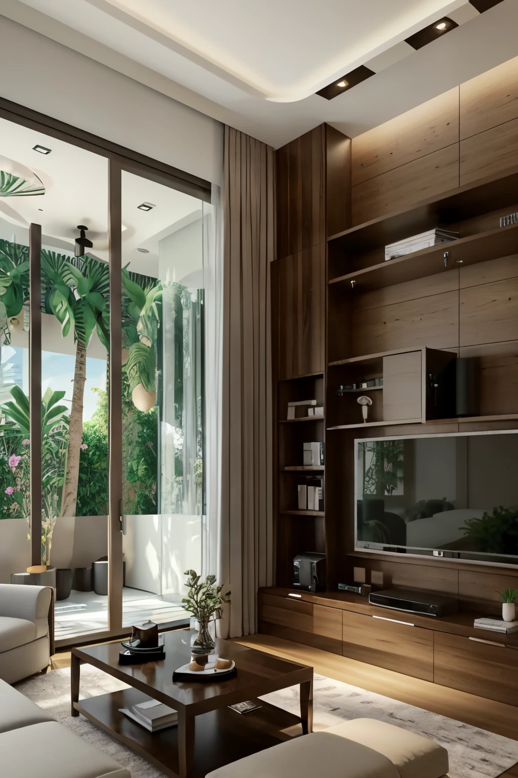 A minimalist home theater, photorealistically rendered in image, showcases a sleek design. Light-toned wood or metallic hues dominate, contrasting against a backdrop of subtle light brown. No extraneous decor items clutter the scene – a potted plant, its leaves shades of black, brown, and light brown, adds a touch of natural charm. A large window, positioned to the side of the expansive big screen, allows the outside world to filter in, adding depth to the scene. Viewed from a desk-level perspective, this image boasts intricate photorealistic details and meticulous shading, enabling the viewer to almost reach out and touch the textures –
