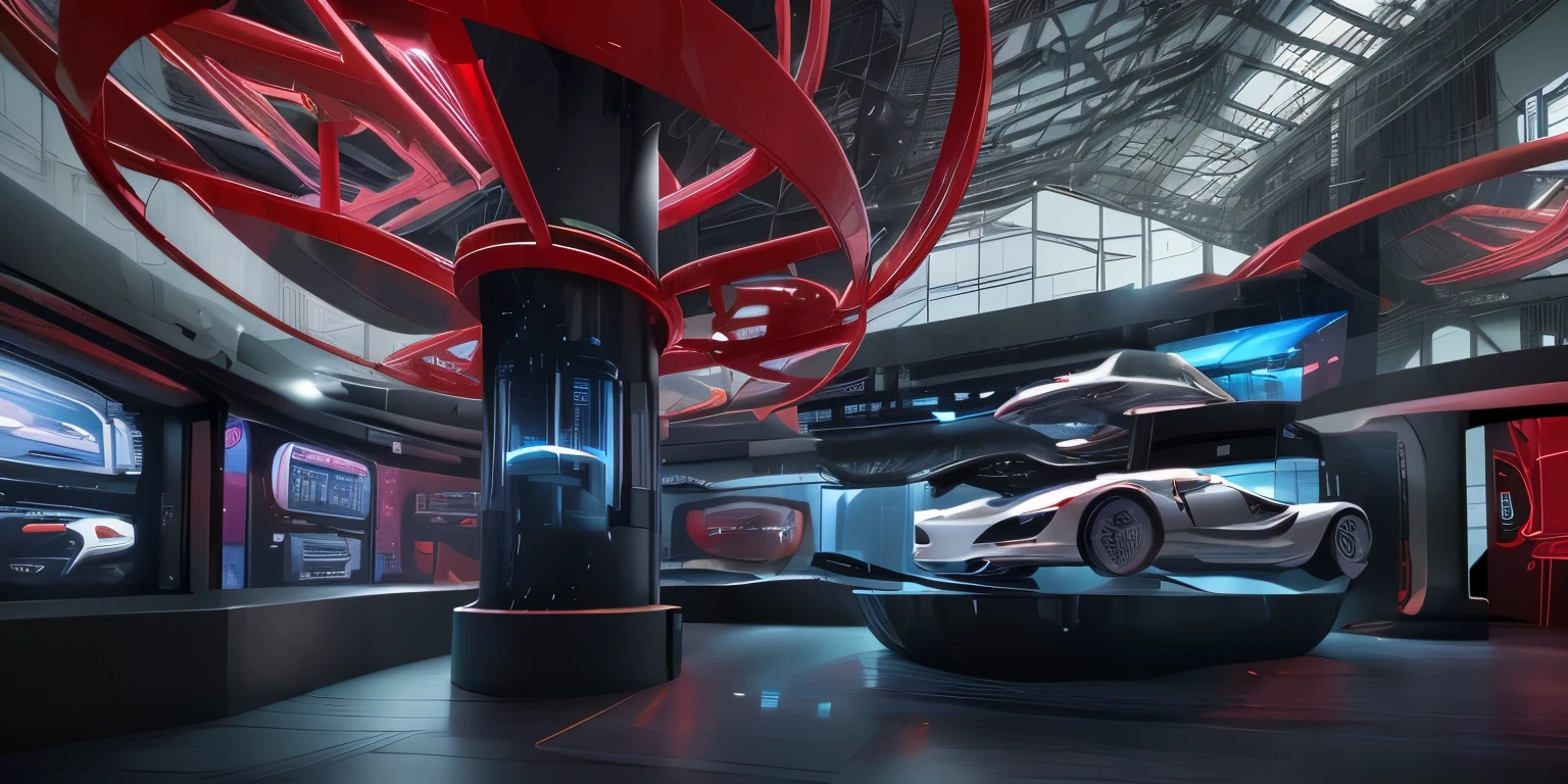 Tesla car showroom,Automobile assembly technology display,The structure of a red Tesla new energy vehicle explodes on display,右侧玻璃后是car parts展示,car parts,steel texture,玻璃上有透明的high tech互动界面,HUD,holographic,reflection,顶部镜面reflection,Technology Exhibition Hall,high tech,Immersive,sense of the future,cyberpunk,High precision,masterpiece,detail,Mechanical structure,reality,Exhibition hall design renderings,