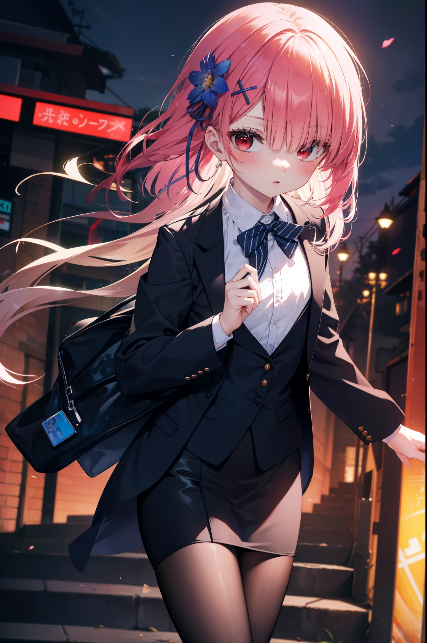 rezerorum, rum, hair flower, hair ornaments, hair above one eye, pink hair, (red eyes:1.5), long hair, x hair ornaments, bangs, blunt bangs, (flat chest:1.2),blush,open your mouth,looking down from above,OL, end, black suit jacket, collared jacket, white dress shirt, collared shirt, neckline, button, strap, ID card on neck, black pencil skirt, black pantyhose, stiletto heels,So that the whole body goes into the illustration,evening,sunset,sunset,
break outdoors, station　Entrance,
break looking at viewer, (cowboy shot:1.5),
break (masterpiece:1.2), highest quality, High resolution, unity 8k wallpaper, (figure:0.8), (detailed and beautiful eyes:1.6), highly detailed face, perfect lighting, Very detailed CG, (perfect hands, perfect anatomy),