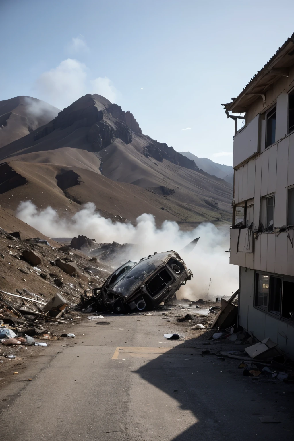 Describe an image of an aviation accident involving a Fairchild 571 airliner with a shattered fuselage in a mountainous region of the Andes. The scene should convey the tragedy and devastation of the accident, with debris scattered across the rugged terrain and signs of smoke all around. The towering mountains in the background should add a sense of isolation and desolation to the scene.. The image should capture the severity of the accident and evoke a sense of sadness and loss.