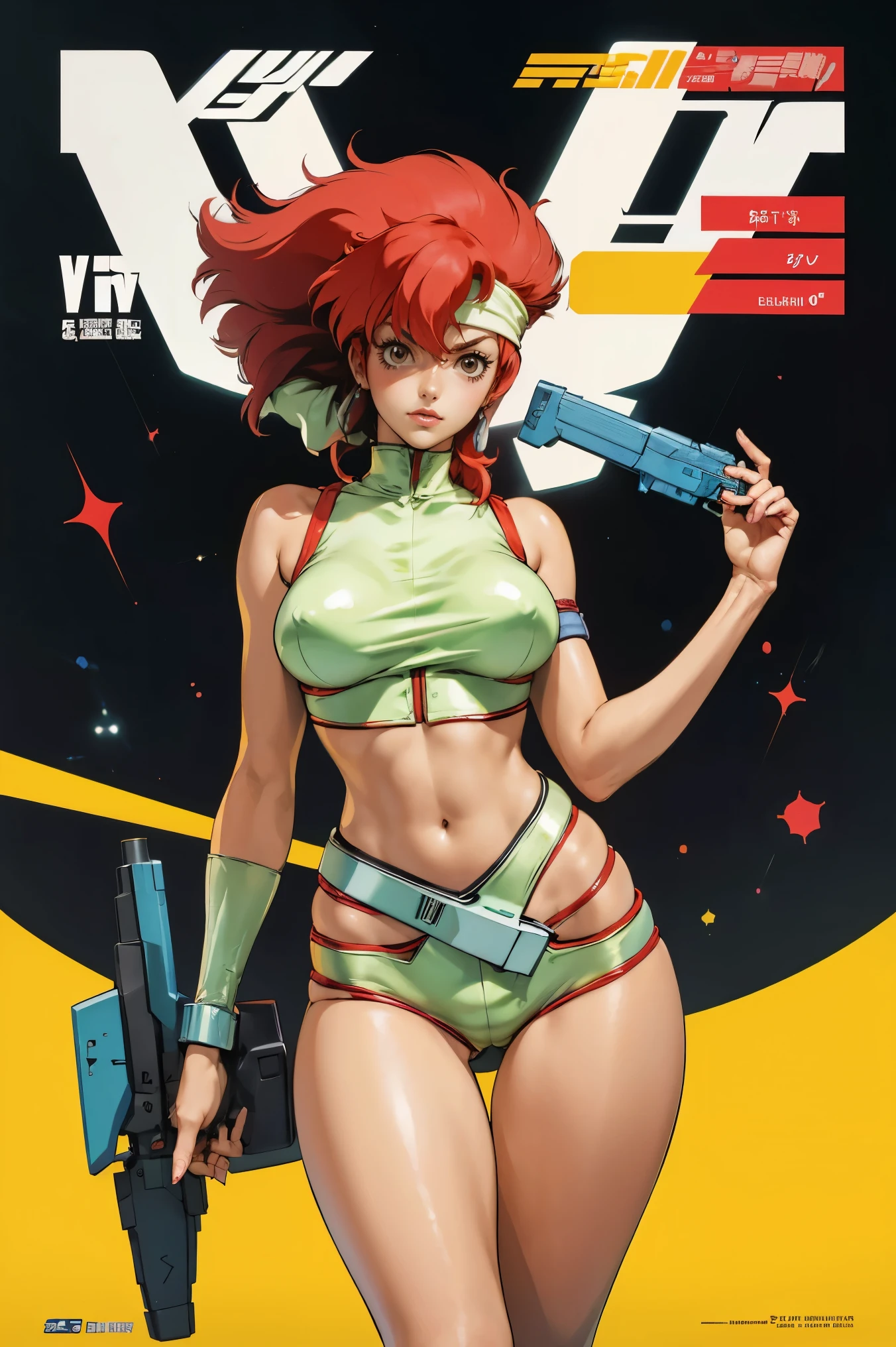 Kei from The Dirty Pair, , wearing a tight outfit, frame, legs, medium breast, red hair beauty, cyberpunk city background, holding retro space-gun, headband, slim waist, slim thighs, thigh gap