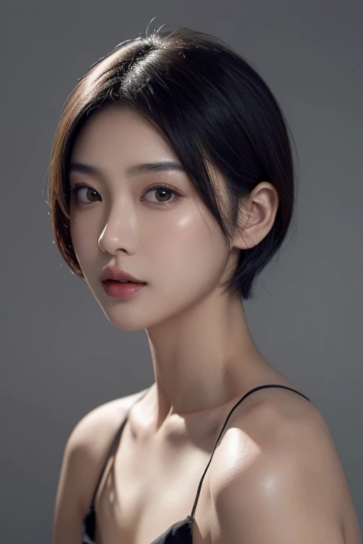 a pretty asian girl,short hair,round face,low cut top,Perfect and exquisite facial features,Half body shot from waist up,front Photo,Light-sensitive,Top special effects,8k
