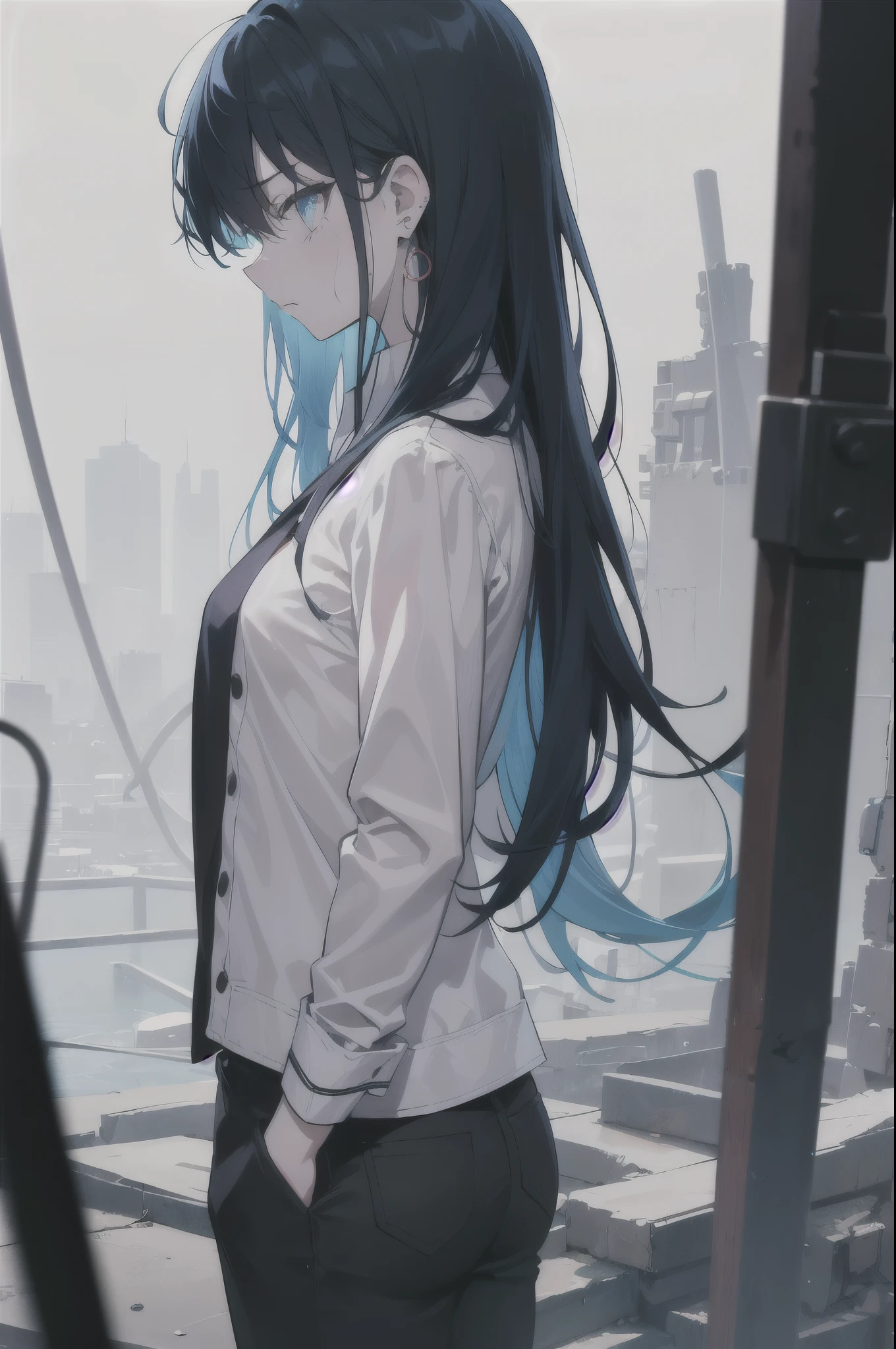 standing back view,cool face,Blue earring,Lazy face,black hair mixed with blue hair,hair covers ears,cool woman,clear,grieve,Lonely,dark,look down on with disdain,Mature,cool clothe,low saturation,longhair