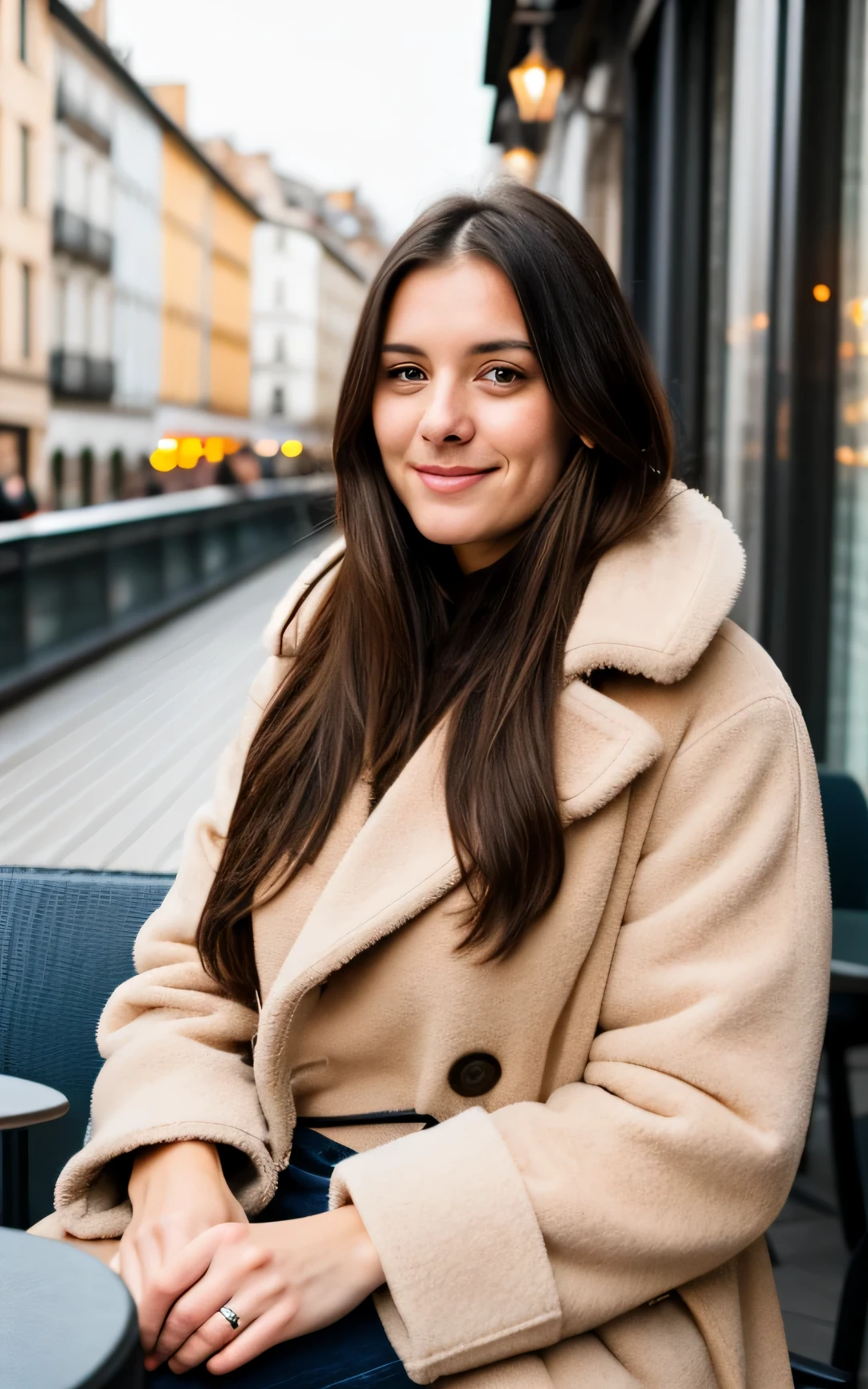 Une femme brune d&#39;environ 27 ans aux cheveux assez longs assise dans un café sur une terrasse.Elle porte un manteau chaud parce qu&#39;il fait froid.