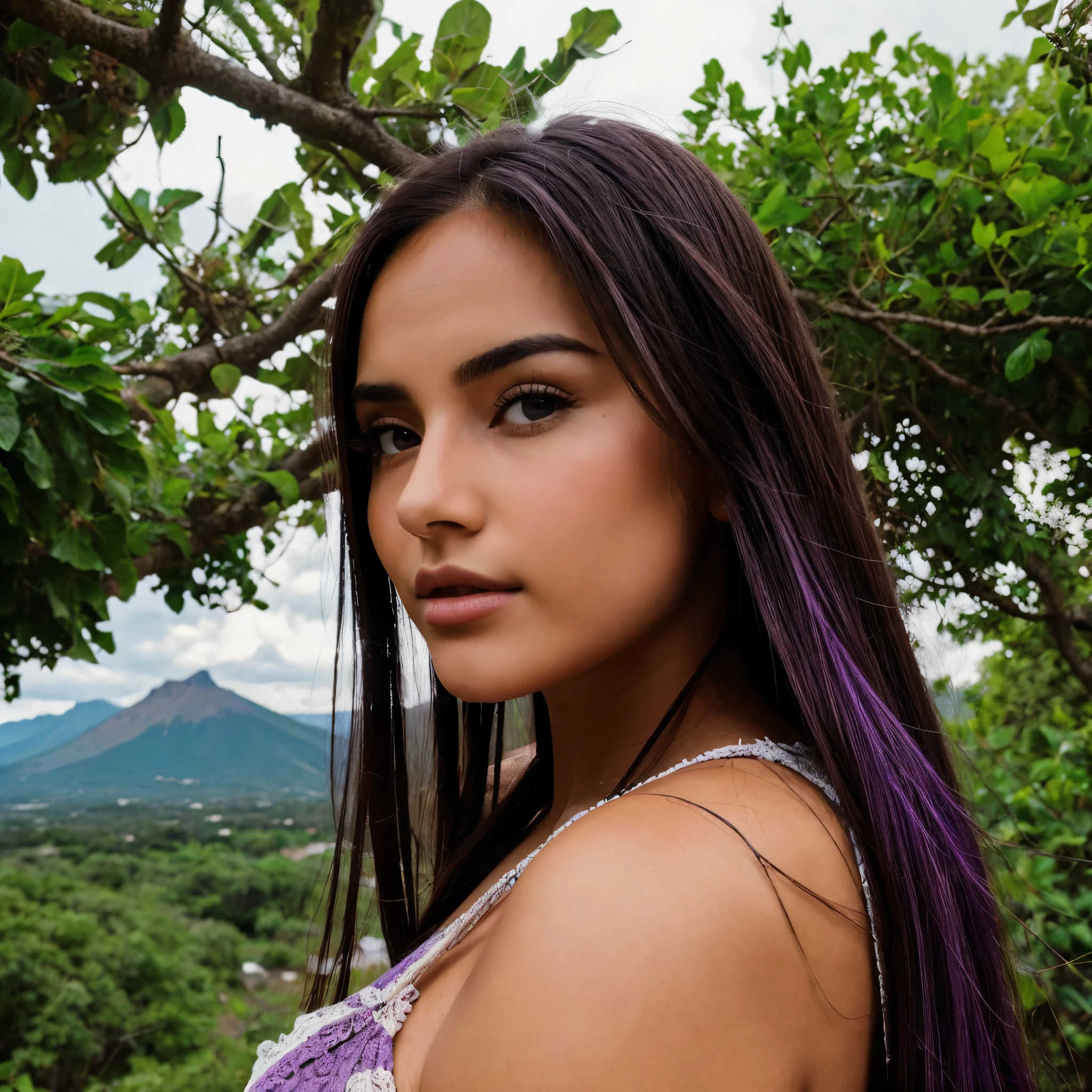 Erotic outdoors photo art, Luzzei Alexia Amas, a mexican 18 goddess, brunnette, tree, scenery, cloud, outdoors, sky, day, mountain, grass, nature, mksks style, best quality, perfect, solo, 1girl, a girl with purple hair and brown eyes, long purple straight hair, beautiful almond brown expressive eyes, beautiful landscape, rainy city, upper body, looking at viewer, close up