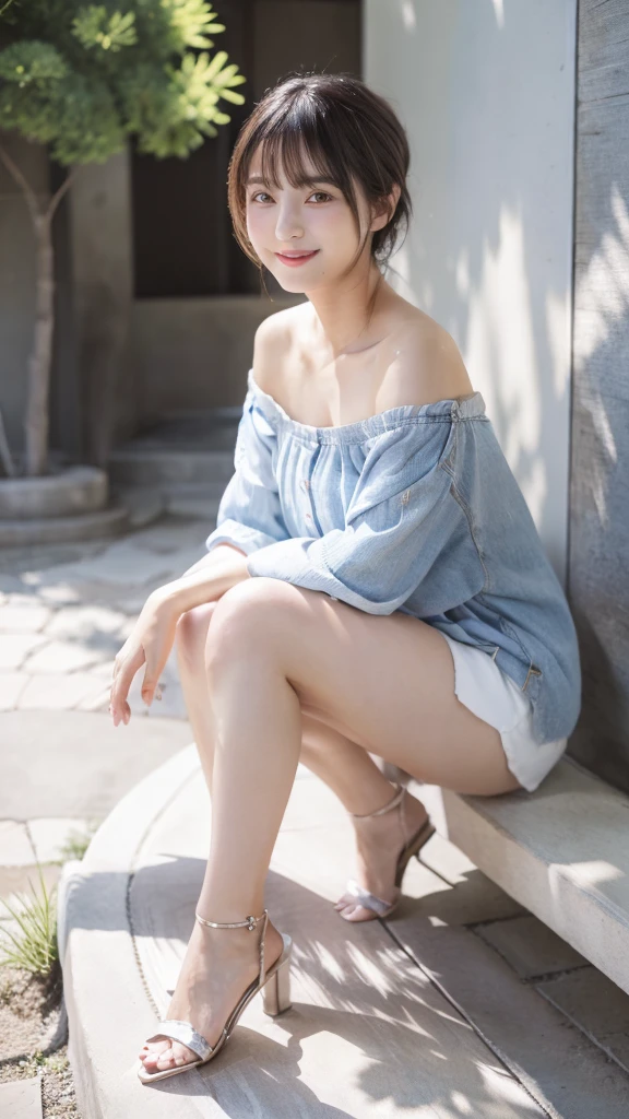 (8k, RAW photo, highest quality), (Realistic, Photoreal: 1.37), Face detail texture, super A high resolution, white off-shoulder, denim miniskirt, shot from a distance, full body shot, toes shot, beautiful Japanese woman, elegant young Japanese woman, Asian, Japanese woman, young, adorable, ulzzang, girl's cute face, Japanese female idol portrait, very beautiful girl, Japanese garden, grinning