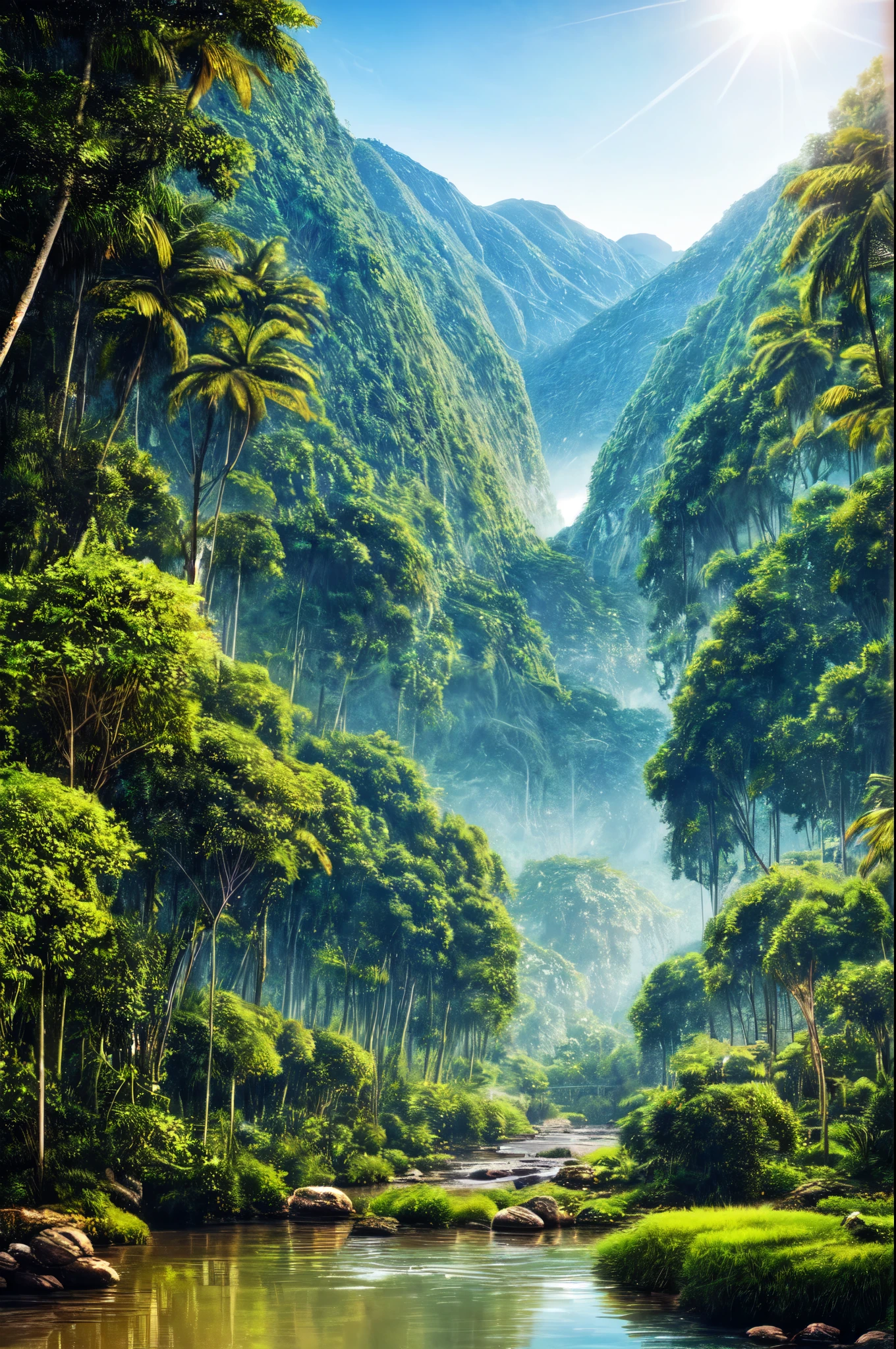 a photorealistic, award winning, best detailed, absurres, landscape picture of a fantasy jungle at dawn, many (jungle trees: 1.3),  a (river crossing the jungle: 1.1), sun rising being reflected in the river, birds flying above, an inca temple in the horizon, best quality, 16k, [ultra detailed], masterpiece, best quality, (ultra detailed), full body, ultra wide shot, photorealistic,