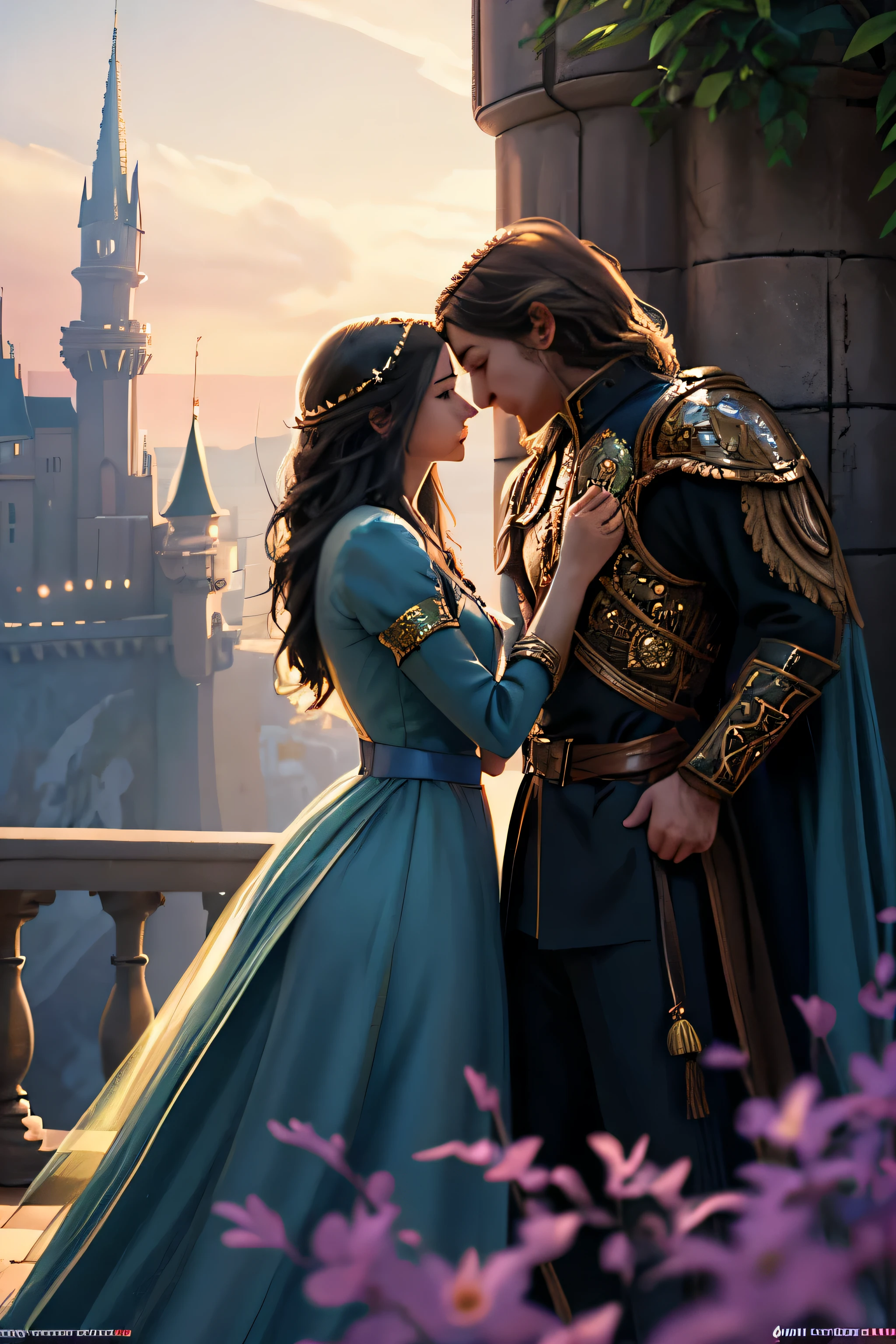 Disney princess and prince kissing in front of the castle, Magali Villeneuve, magali villeneuve and monet, romance novel cover, романтический fantasyйный фильм, fantasy викторианское искусство, inspired Magali Villeneuve, Magali Villeneuve, romantic storybook, fantasy, Художник-график Magali Villeneuve, Charlie Bauer and Mark Brooks, Charlie Bowater and Artgim