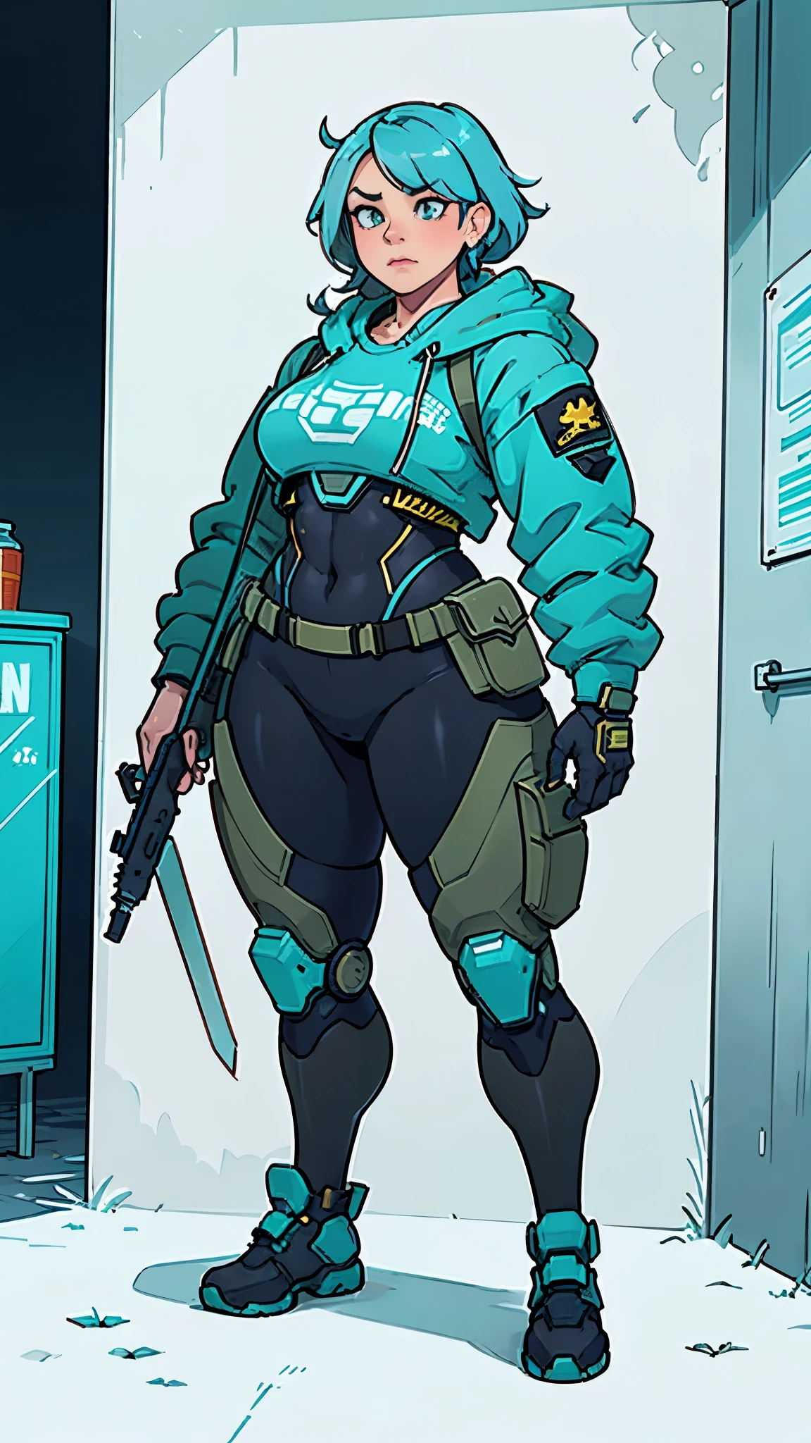 Masterpiece, High quality, ((character concept art)), ((character design sheet, same character))

a futuristic-looking female military commander, wearing a ((kevlar helmet)) and is dressed in ((turquoise suit)), holding weapon, holding sword, wearing epTactical, XCOM game inspired, XCOM character, ((wide hips)) tall, video game character design, accessories, hoodie,

Expert high detail concept art, comic book style, intricate comic book outline line work, flat colors, concept art, solid background