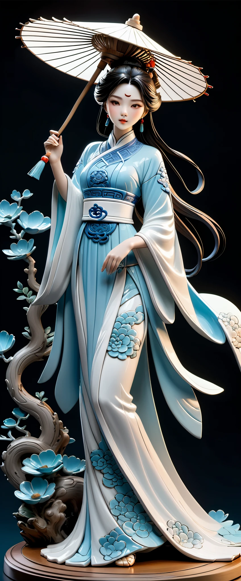 High quality fantasy artifact concept art, simple background, ceramic Chinese girl, carved high-end porcelain, complex, gorgeous, 8k