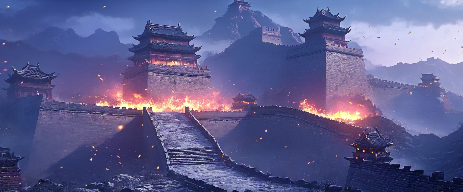 best quality, masterpiece, ultra high resolution, (Shoot real:1.4), Surrealism, like a dream,fusion art, ancient chinese battlefield, Three Kingdoms battlefield, Alavid castle view，A group of people are standing around, Nice rudder depth, Screenshot of 300, Great Wall, fortress megastructure city, mountain fortress, ( Matte painting, epic matte, Sophisticated matte, Epic cinematic matte painting, 精緻的Matte painting, Delicate matte, Visually stunning scene,Ancient middle man, middle man, Great Wall, hidden blade,night sky，night，fire，fire海，烈fire，Burning ancient Chinese buildings，capital，ancient city，collapse，ruins，（汉服红衣女子奔向fire中），thunderclap，burst，ethnic style，Chinese elements，