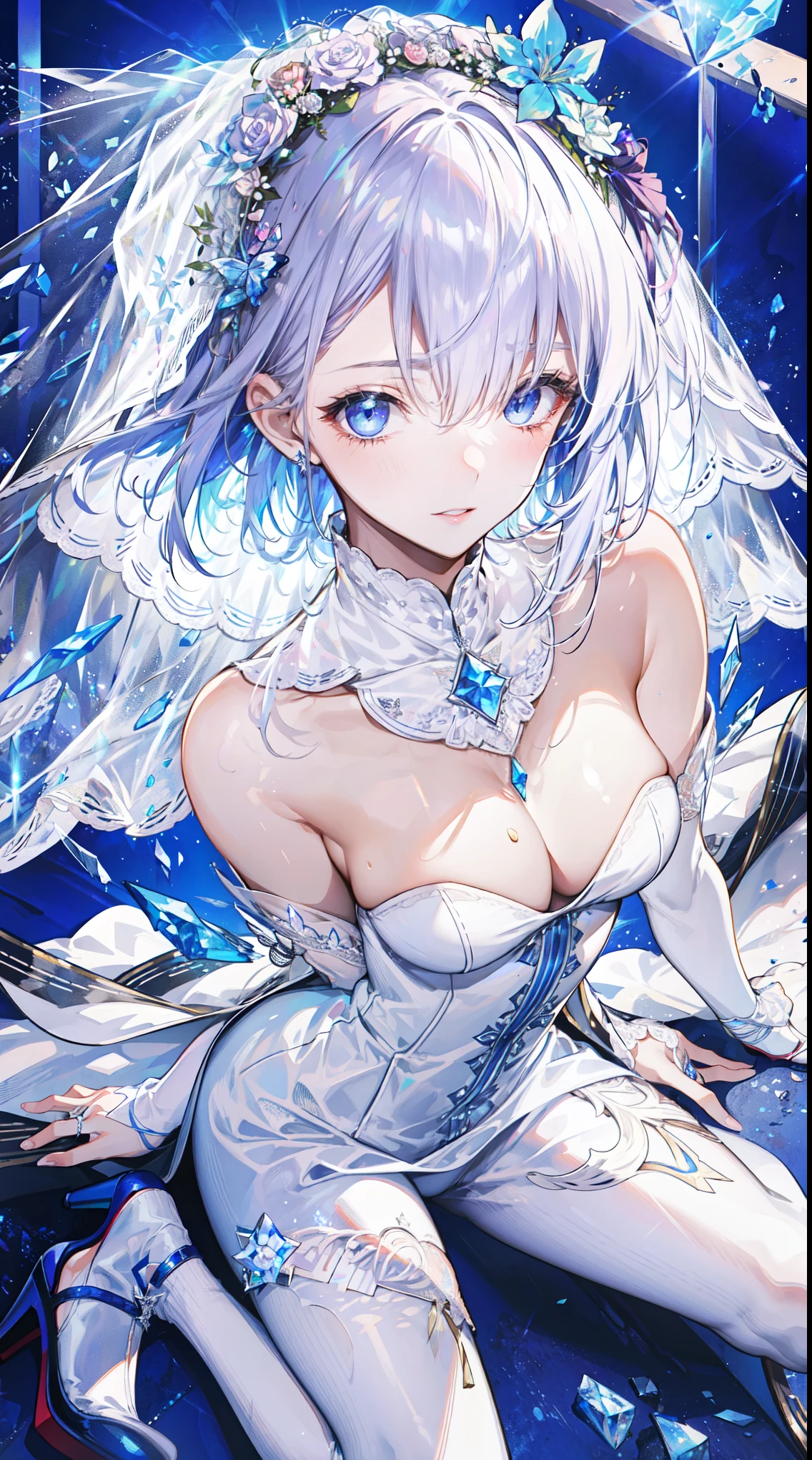 (best quality)+,(on the table)++,(Super detailed)++, Masterpiece Top Quality Super Fine Illustration High Detail Lighting Perfect Lighting, (1 bride:1.3),, First class female body, Perfect body, beautiful breasts, View from the front, from above, delicate luster, Beautiful and delicate eyes, cute face, beautiful lips, a girl surrounded by crystals, blue eyes, Beautiful light purple hair, Beautiful iridescent eyes, Beautiful long and tousled hair, Sexy brides,Sexy wedding dress, Glow effect lens flare lotion gloss shine holy light background sunlight, White,silver high heels, looking at the audience,