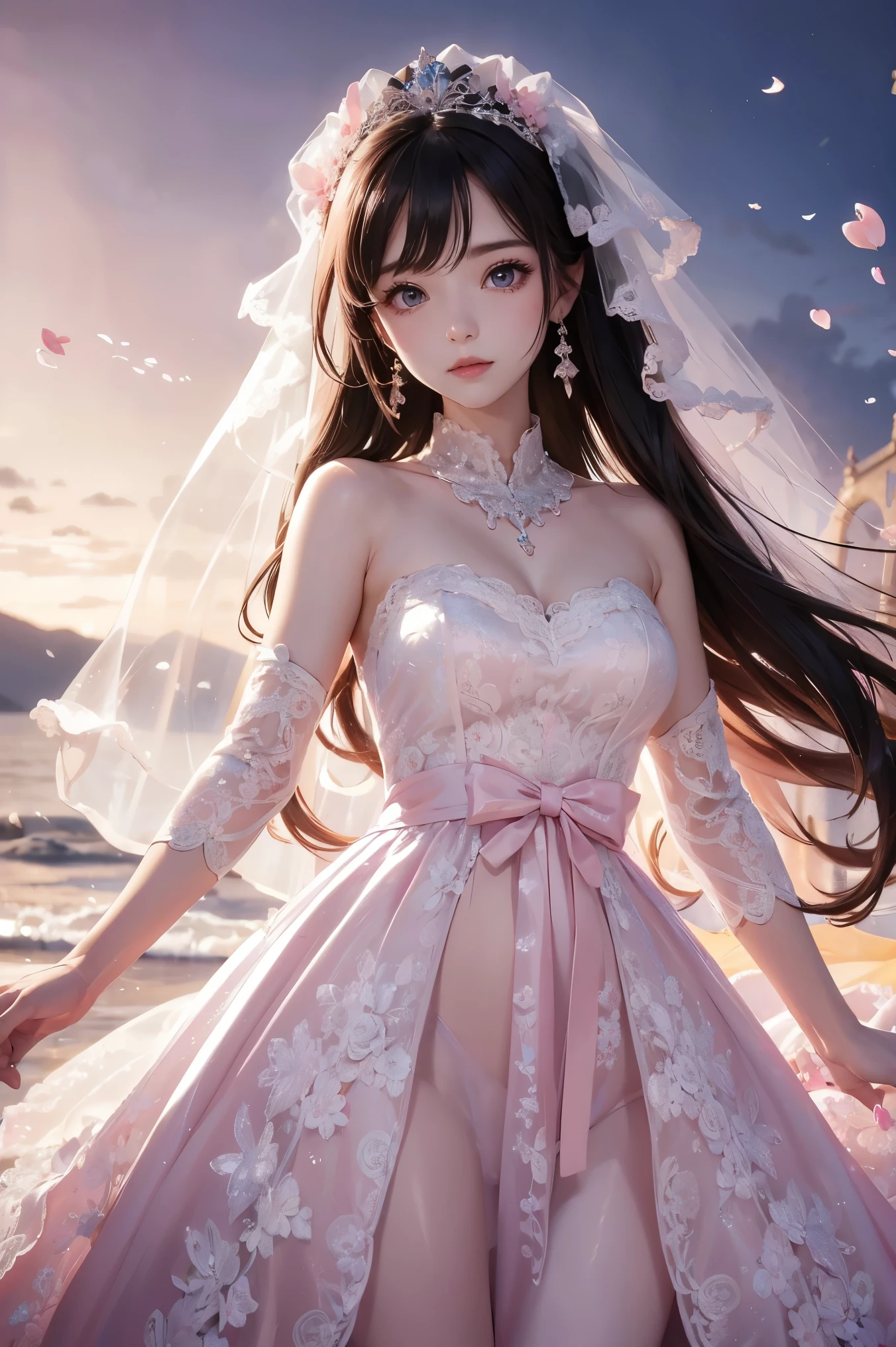 (Beautiful, Best Quality, High Quality, Masterpiece: 1.3), Solo, Solo Focus, Water Snake Waist, Big Eyes, (Pink Lace Wedding Dress: 1.39), Veil, Wedding Gloves, Bracelets, Crystal Earrings, Crystal Necklace, (No Background), 1Girl, Flowing Light, Fairy Scenery Hanfu Crane, Clouds and Mists