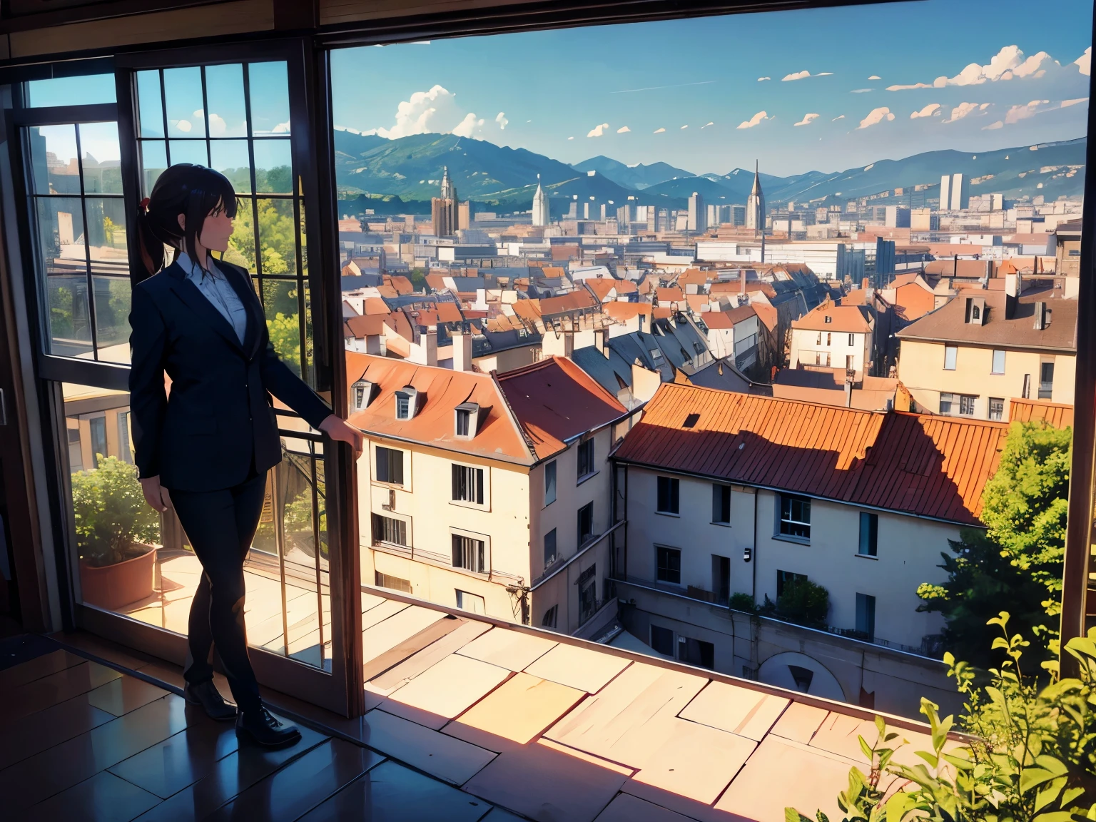 skyline of Lyon,  houses rising on a hillside seen through a window