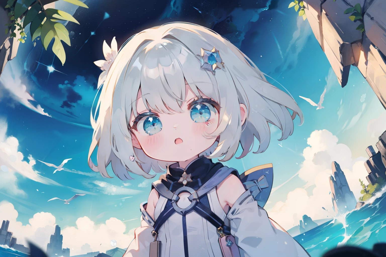 chibi、a girl、cute little、precious stone、cave