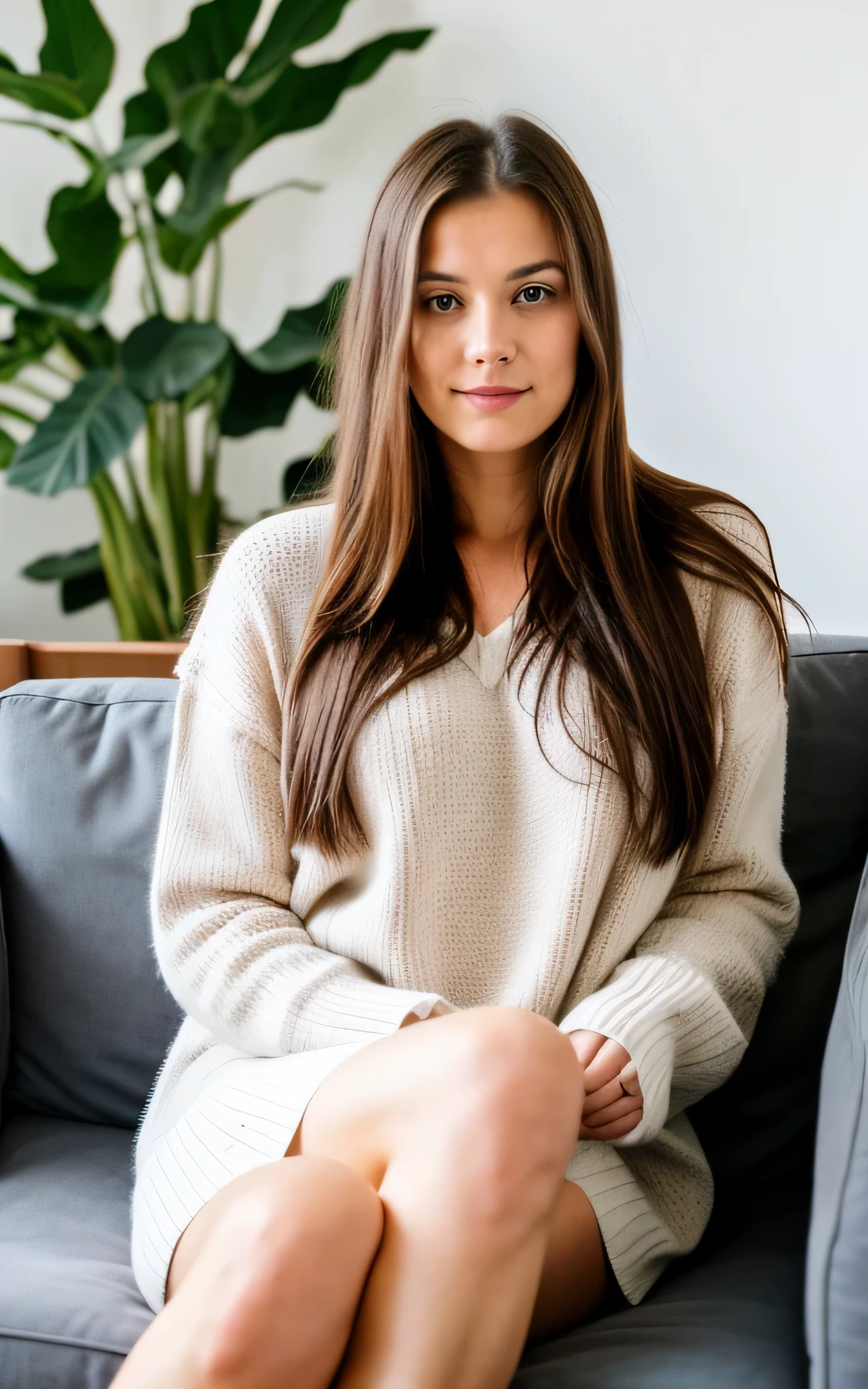 Une femme brune d'environ 27 ans aux cheveux assez longs est chez elle sur son canapé. Il y a une déco scandinave. Photo 4k