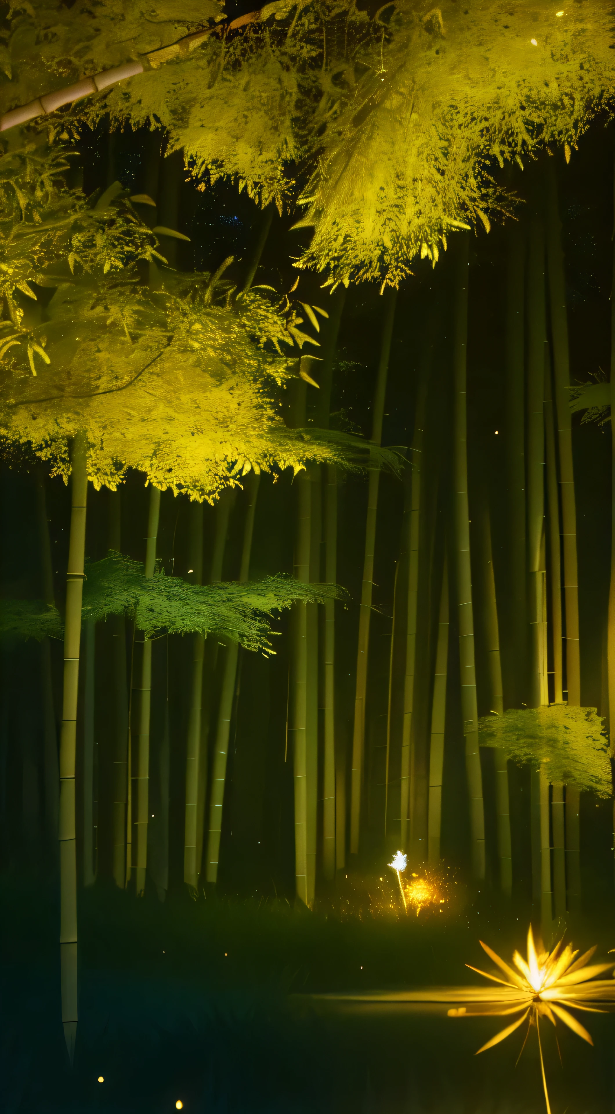 Amidst the stillness of the night, a tranquil bamboo forest comes alive with the gentle rustling of bamboo leaves as they dance with the whispering wind. The serene forest is bathed in the ethereal glow of a full moon, casting long, elongated shadows of the slender bamboo stalks. Fireflies add a sprinkling of magic to the scene, their soft, radiant lights flickering intermittently amidst the quiet serenity, creating an enchanting contrast against the backdrop of the moonlit forest. The artful depiction of this moment captures every intricate detail, from the delicate curves of the falling bamboo leaves, to the vibrant